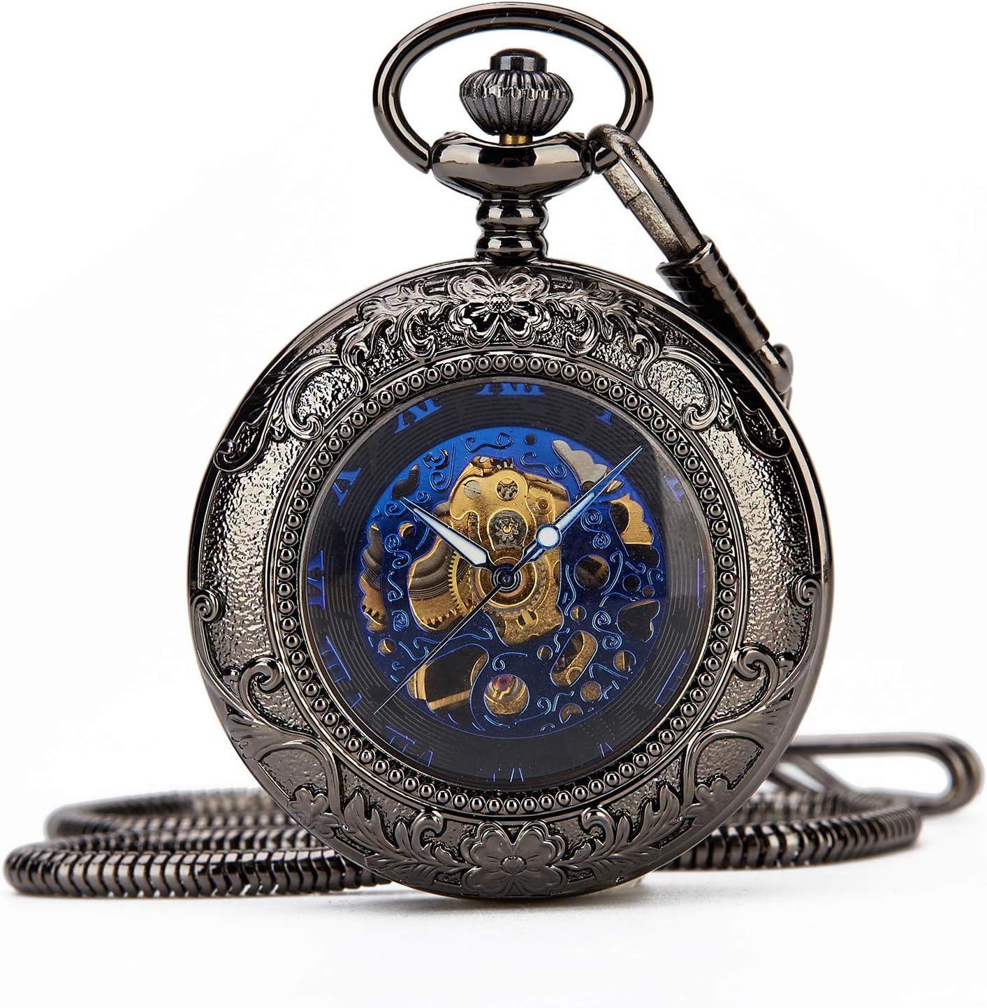 Retro Mens Man Black Blue Half Double Hunter Skeleton Mechanical Roman Numerals Pocket Watch with Chain Box