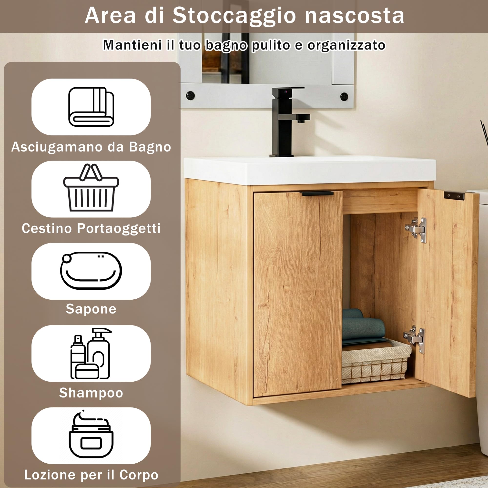 UEV Mobile Bagno a 2 Ante con Lavabo in Resina, 49x37,5x50, Naturale