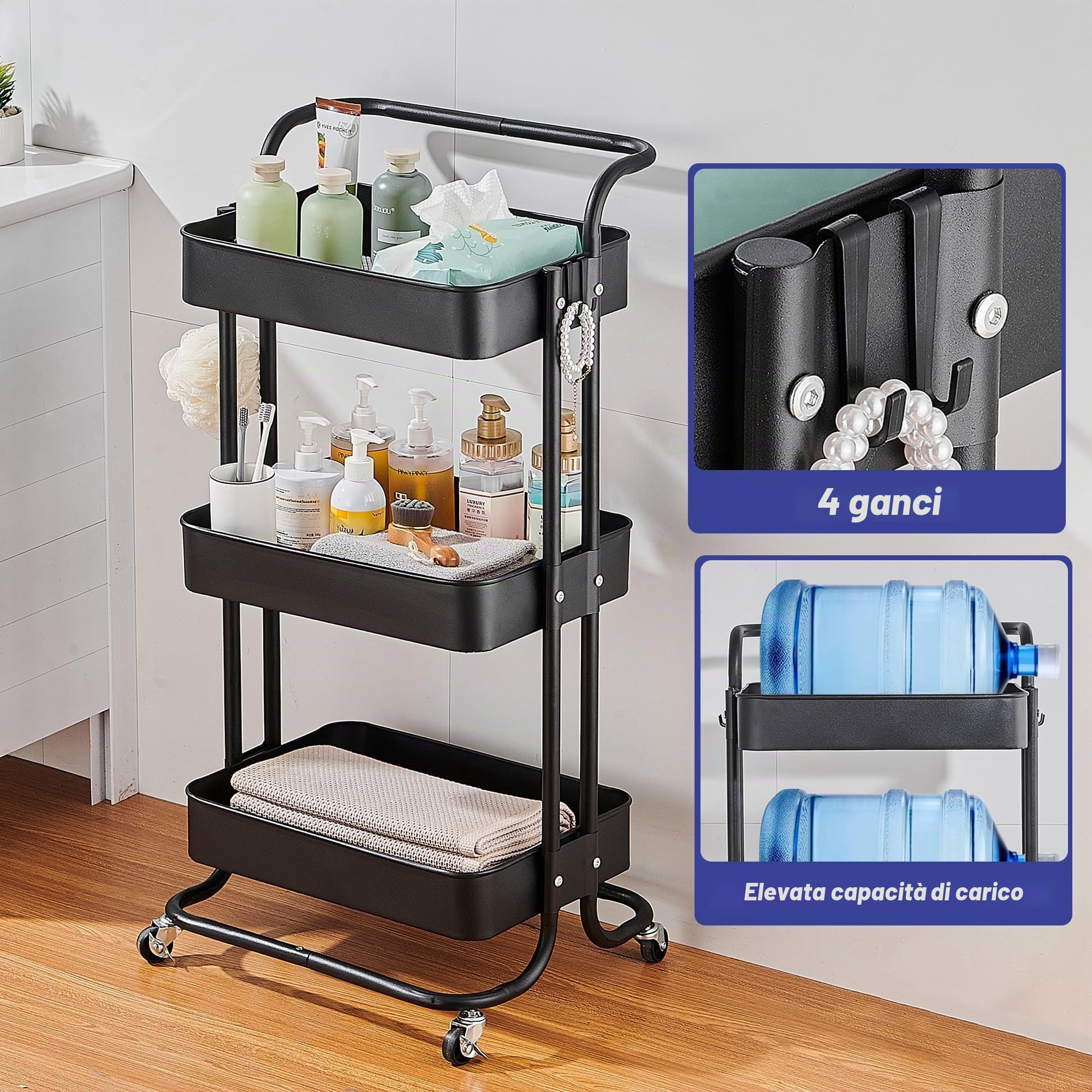 Carrello di Servizio Cucina Carrello Scaffale Cucina, Carrello Multiuso Rimovibile, Con Maniglia e Rotelle Bloccabili, Adatto per Bagno e Cucina, Nero