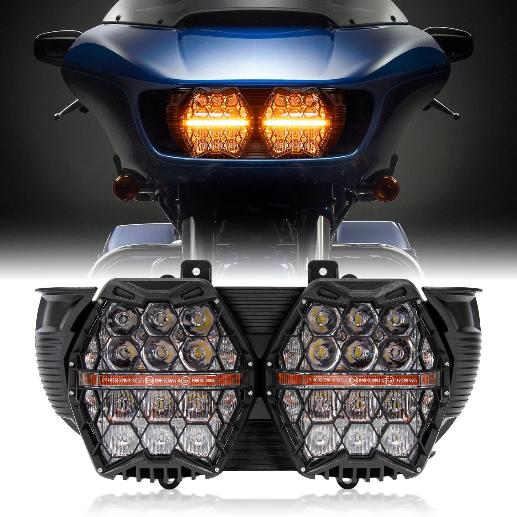 PSLER 240W Motorcycle Led Headlight Dual Vision Honeycomb Bright Dual Led Headlight Honeycomb With 3 Lighting Modes For Road Glide 2015-2024