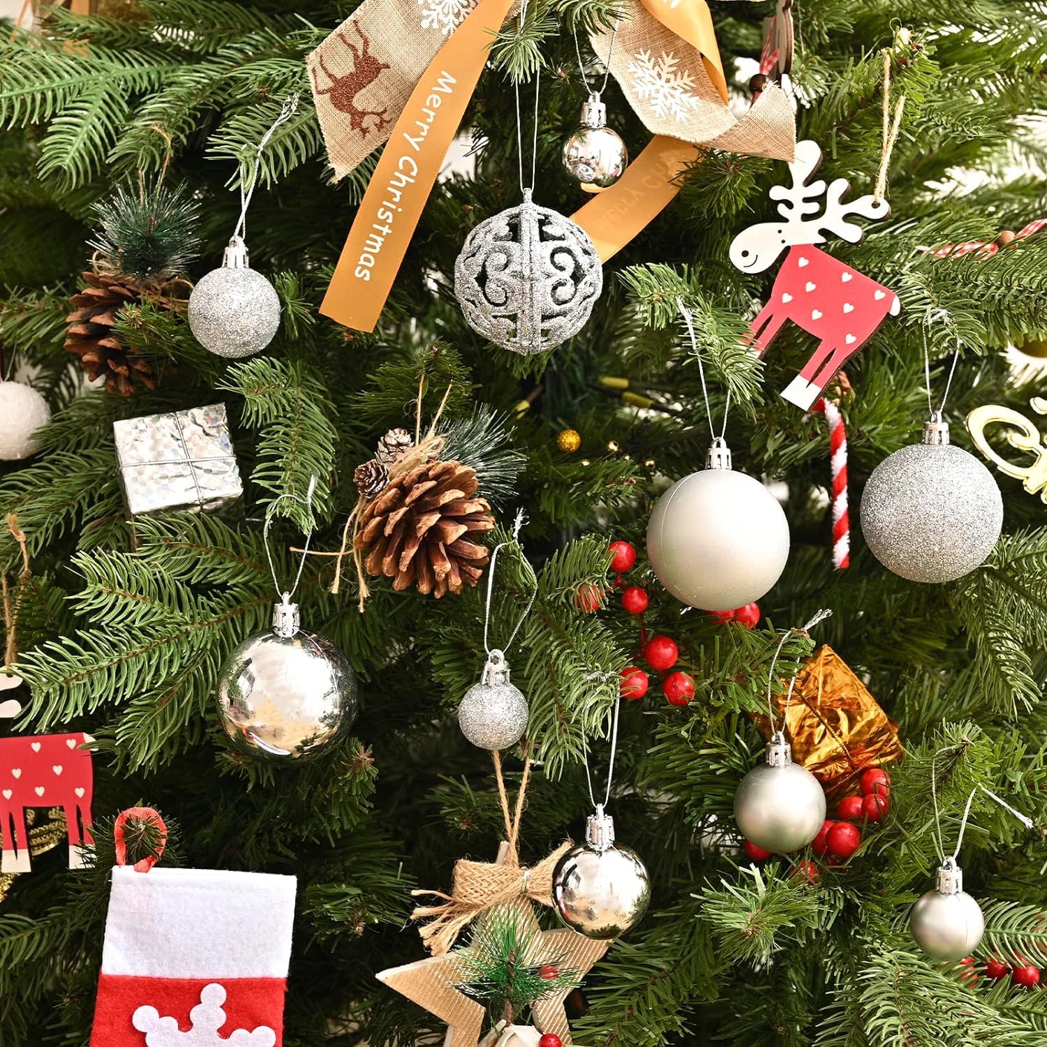 NJN Lot de 100 boules de Noël incassables avec emballage cadeau pour sapin de Noël (argenté)