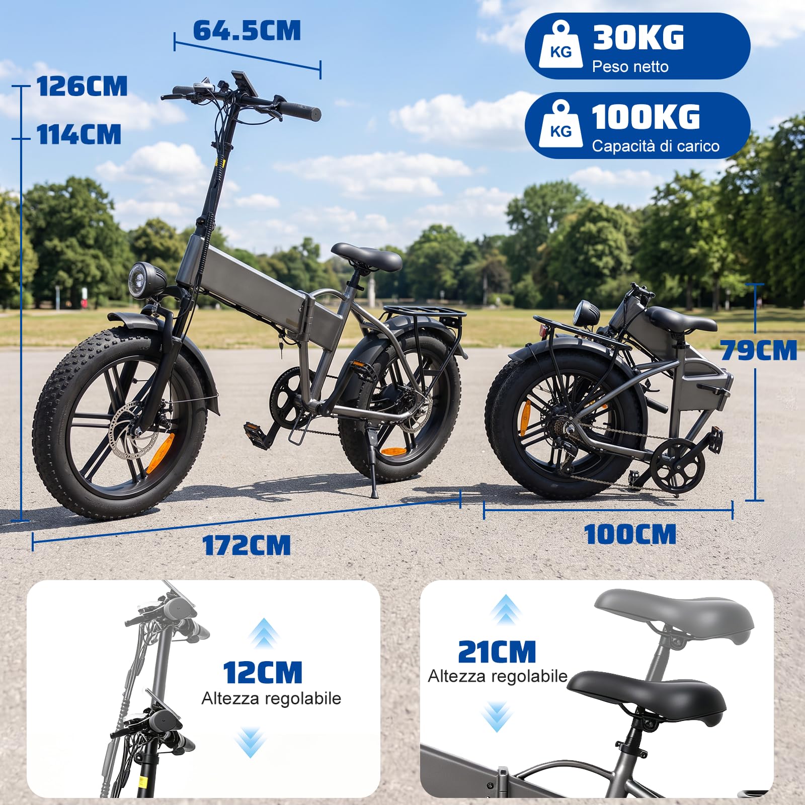 Bici Elettrica Pieghevole 20*4" Fat Tire Removable Battery 48V 13Ah 250W