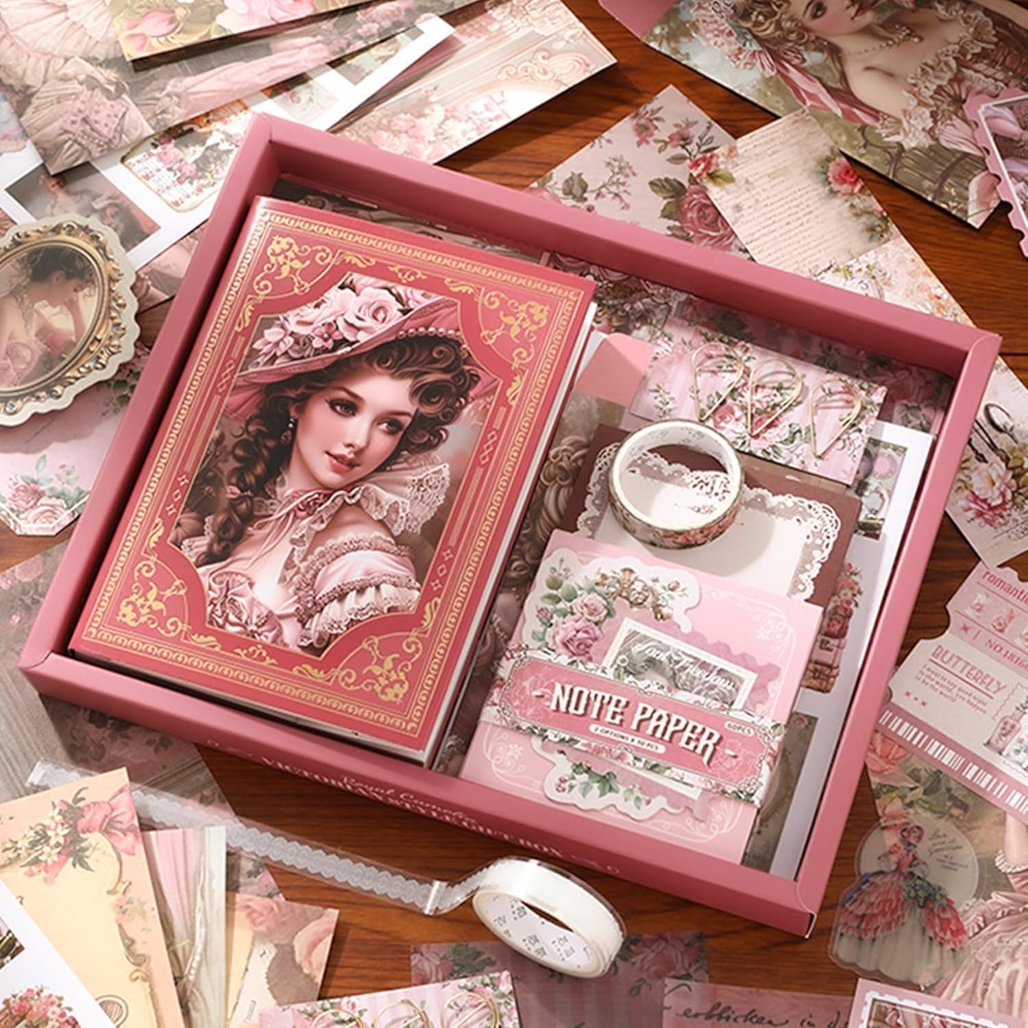 yifely Paper Vintage Aesthetic Scrapbook Kit Scrapbooking Supplies Kit with Bullet Junk Journal,Stationery,A6 Grid Notebook with Graph Ruled Page DIY Journaling Gift for (Vitorian Pink)