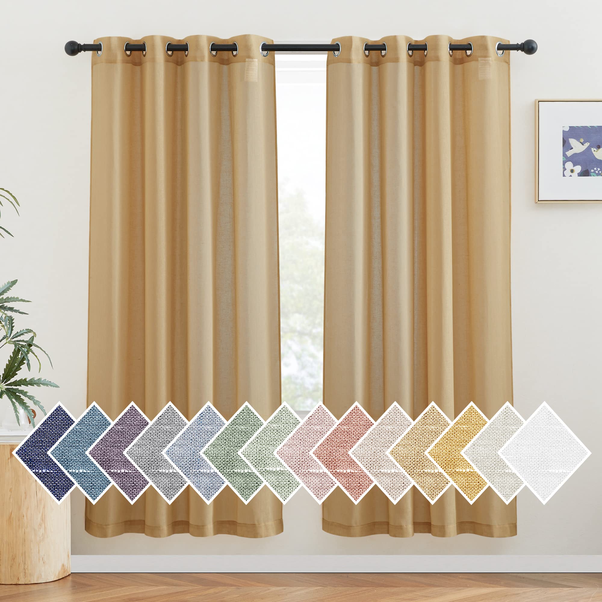 NICETOWN Linen Blend Flax Sheer Window Curtains & Drapes, Grommet Semi Sheer Curtains Privacy with Light Through for Bedroom/Living Room, Desert Yellow, W52 x L72, 2 Pieces