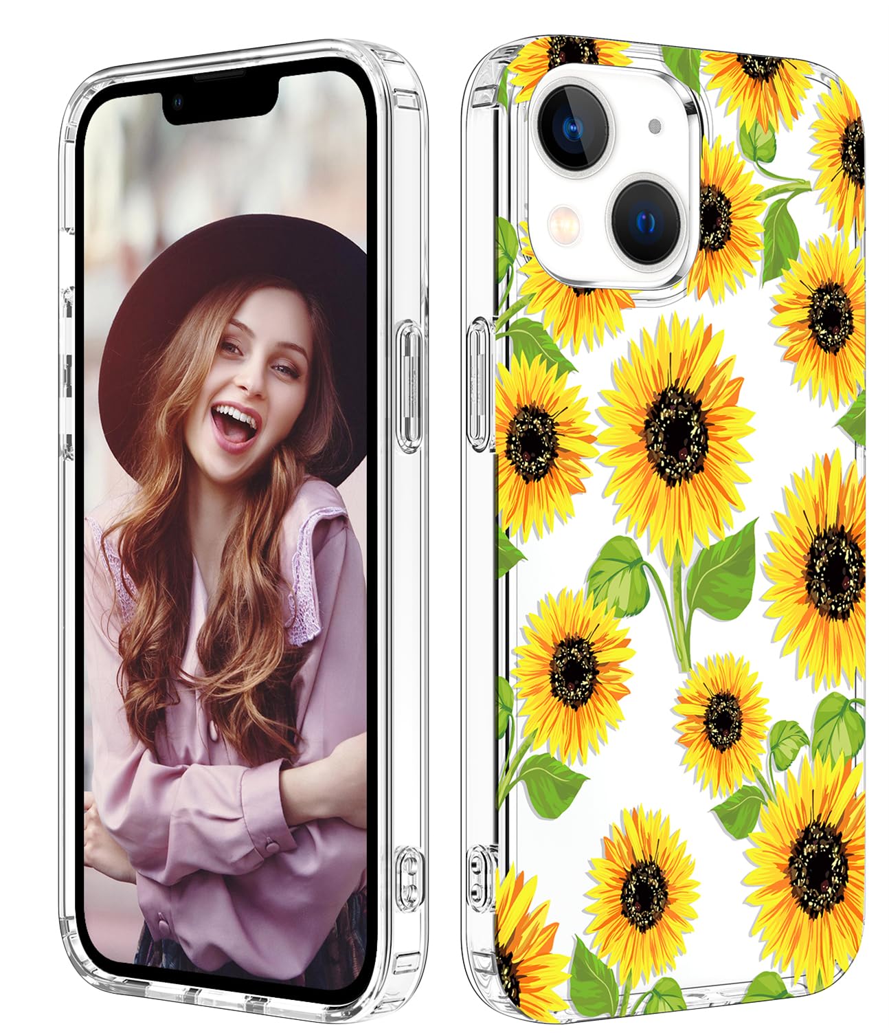 ZQWY Compatible with iPhone 15 Case Flowers Aesthetic Floral Slim Clear with Design Protective Phone Case for Women Girls (Sunflowers/Yellow)