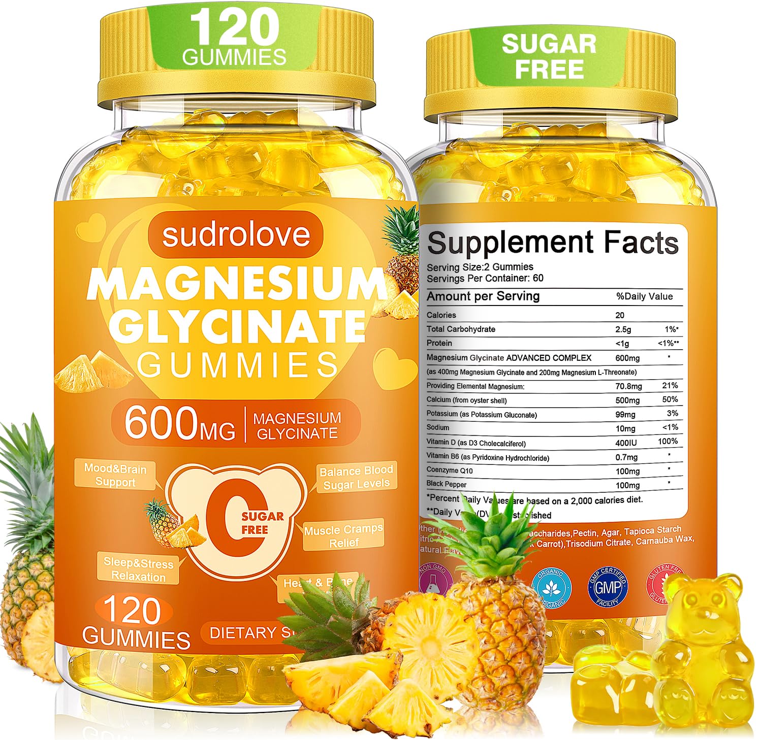 Magnesium Glycinate Gummies 600mg per Serving, 120 Count 1 Pack (Pineapple )