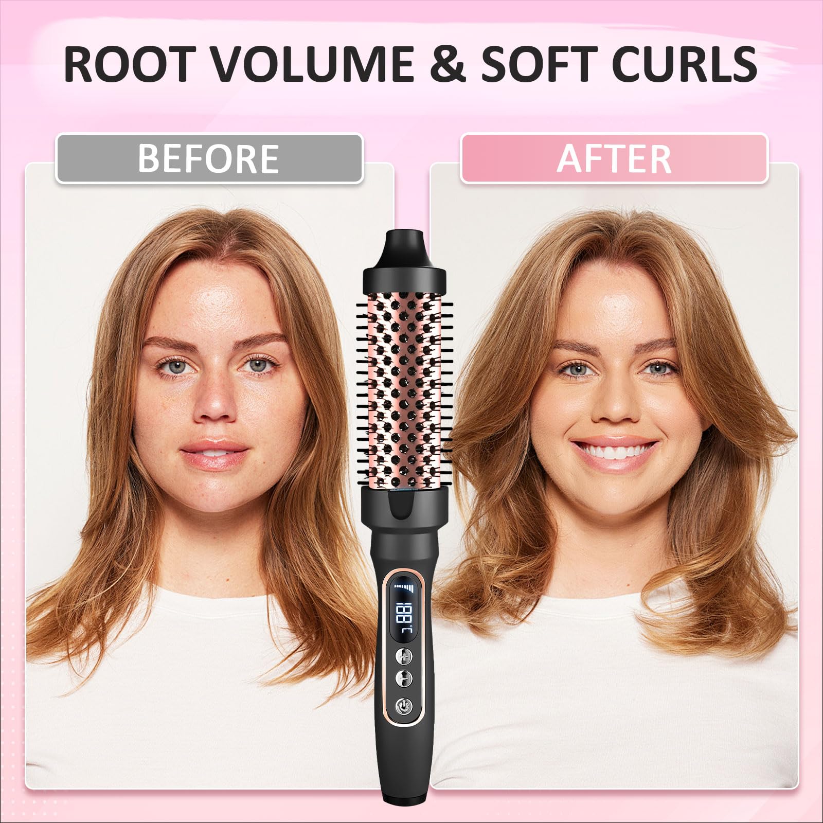 3 in 1 Thermal Brush, 38 mm Brosse Chauffante Céramique, LCD 100-210 °C,Lissage, Boucles Souples, Volume, Design Ionique Anti-Frisottis,5 Réglages de Température,Chauffage Rapide (Noir)