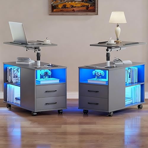 Miniatura 21 de HNEBC Mesita de noche con estación de carga inalámbrica, mesita de noche LED con estación de trabajo giratoria ajustable, mesita de noche 1