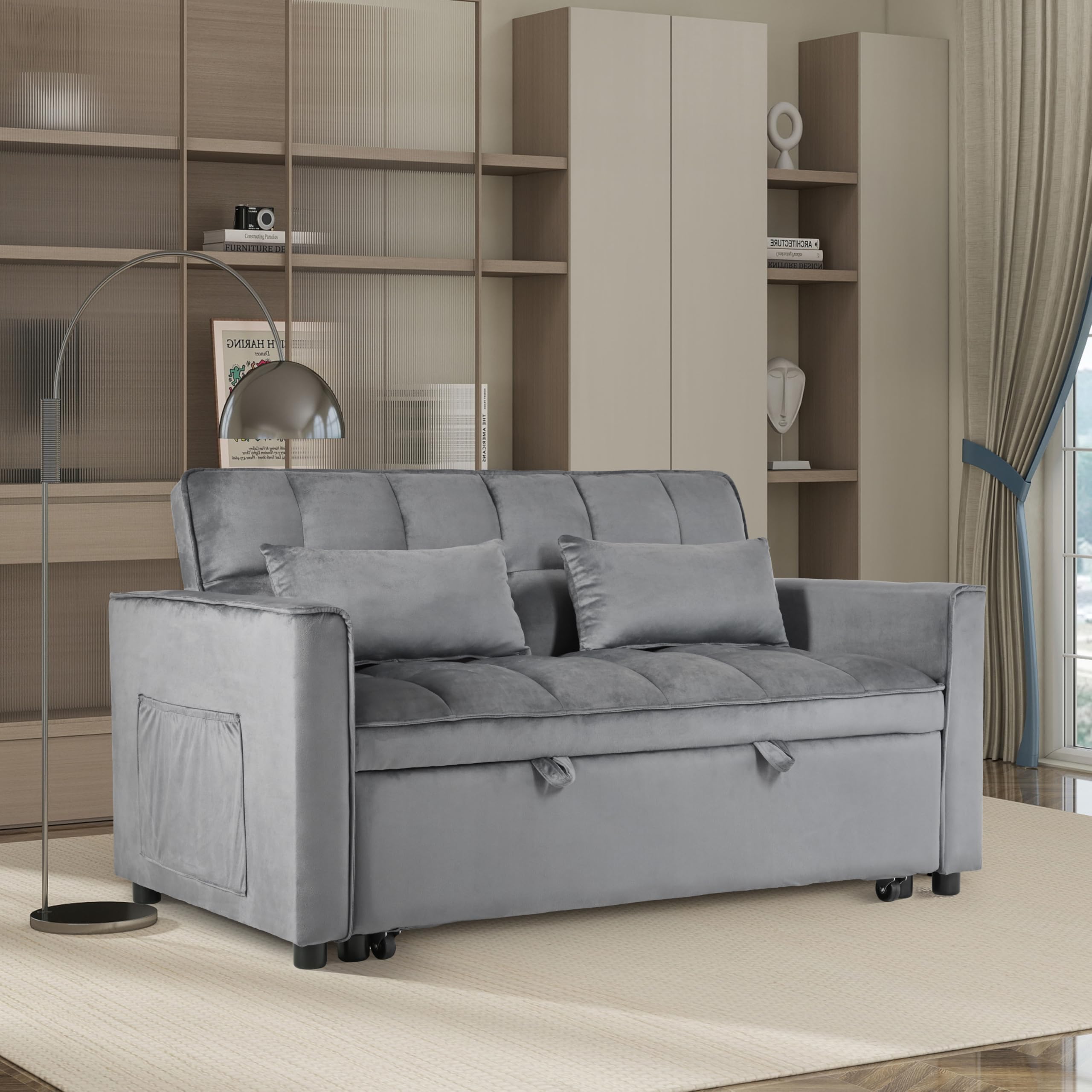 53.94''convertible sleeper sofa bed 3-in-1 pull out couch bed with reclining backrest and pillows modern loveseat sofa for living room home or office, grey