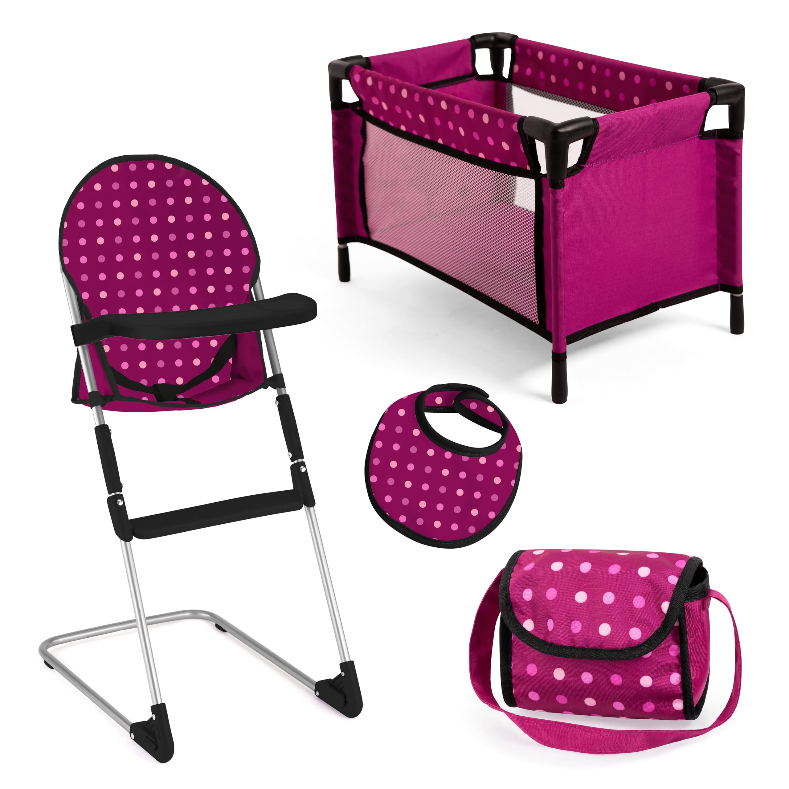 Doll's high chair, doll's bed, bag, bib โ image 1