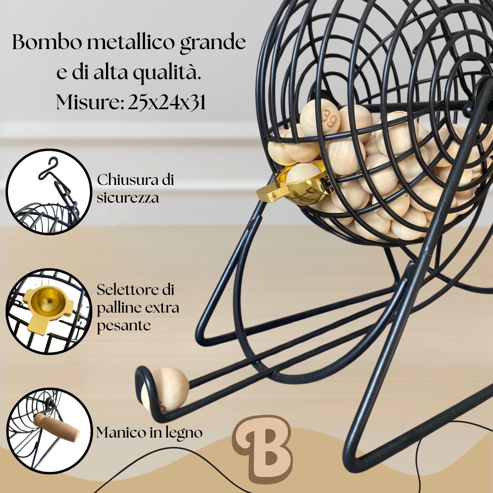 Tombola Classica – Tombola con Ruota di Metallo con 102 Cartelle Riutilizzabili | Tabellone e 90 Palline di Legno Numerate al Laser. Divertimento per tutta la famiglia!