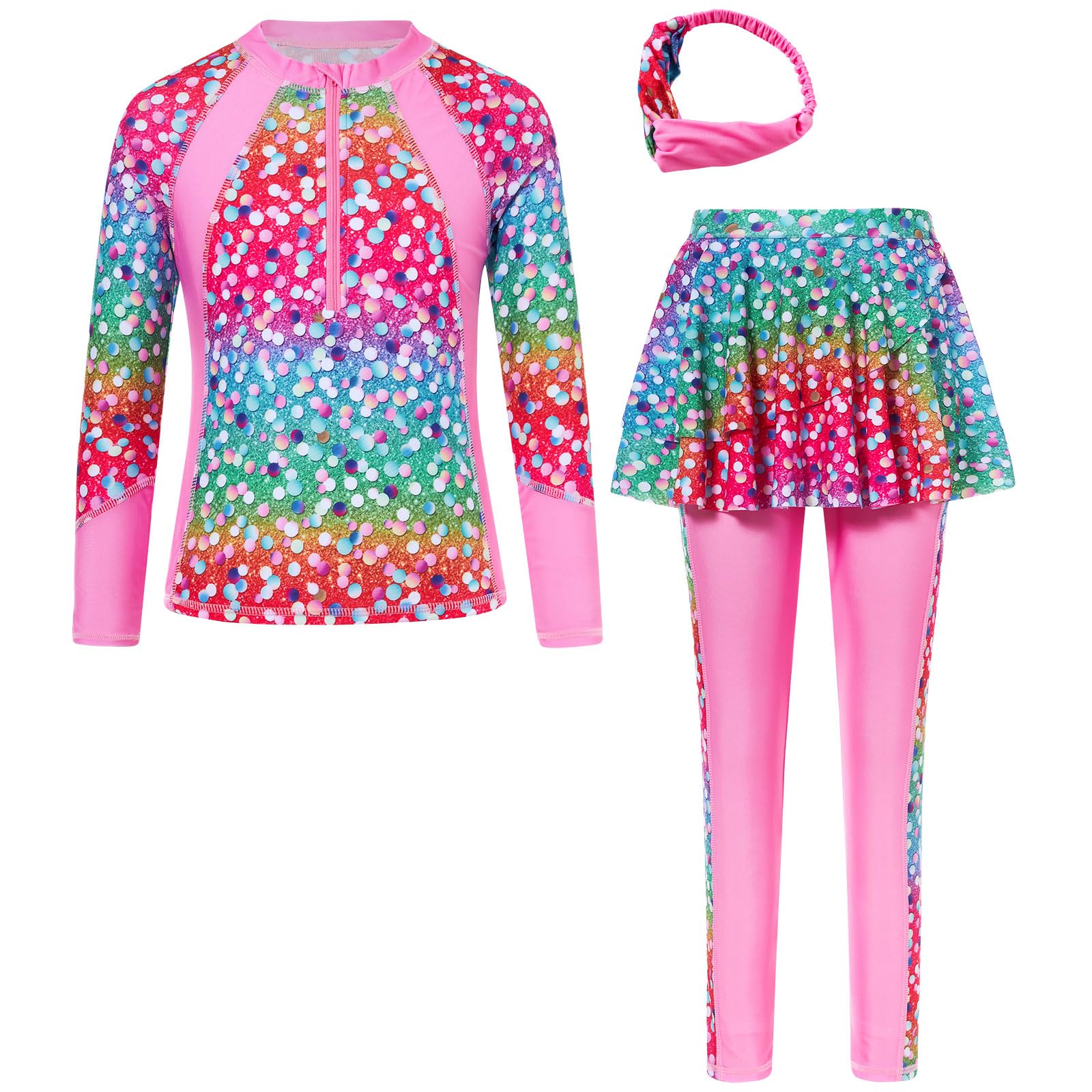 SunFocus Girls Long Sleeve Rashguard Half Zip Swimsuits UPF 50+ Two Piece Swim Sets with Hairband 5-12Y