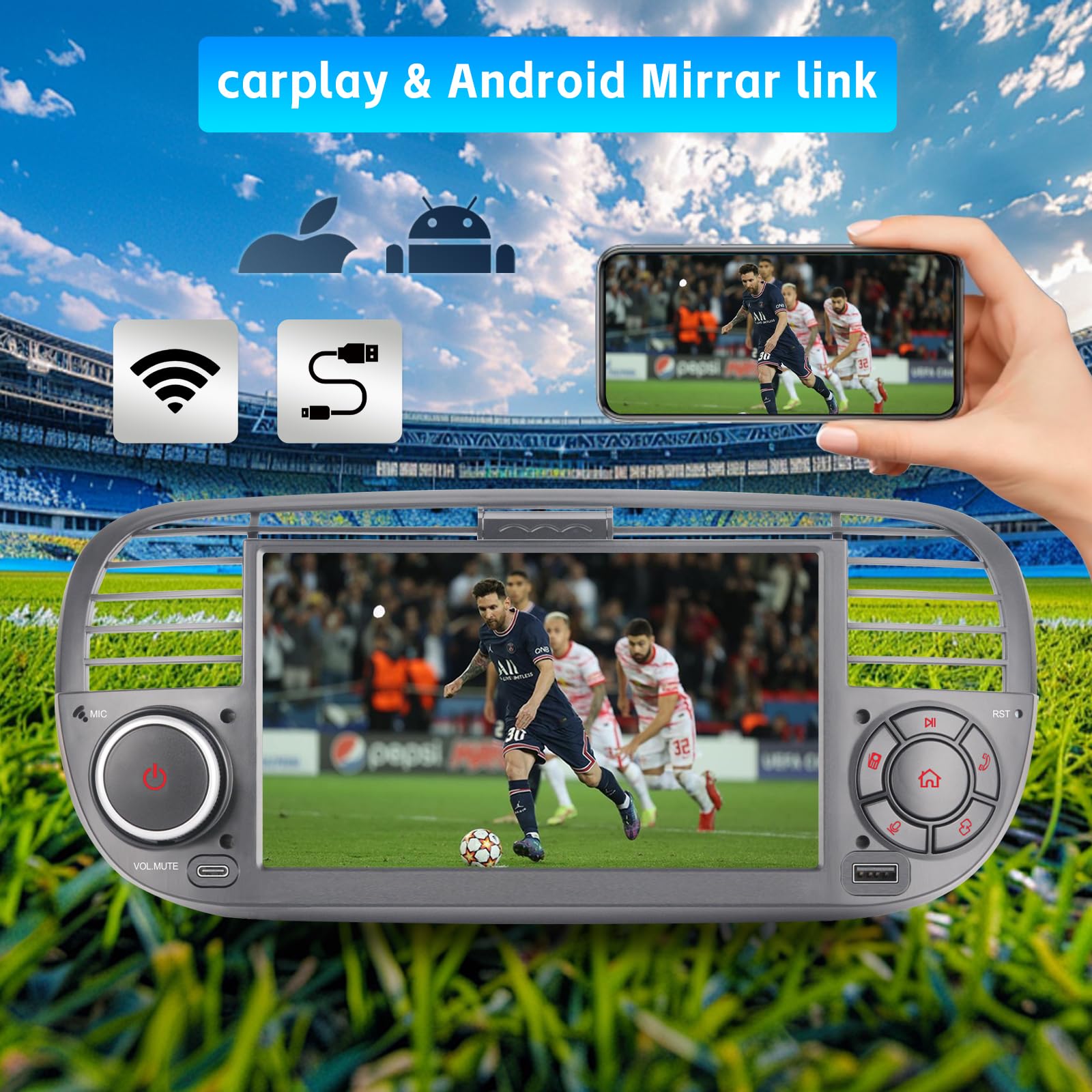 Autoradio per FIAT 500 radio con schermo touchscreen USB Bluetooth FM/AM Linux Sistema doppio din stereo auto con Carplay wireless/Android Auto (Black)