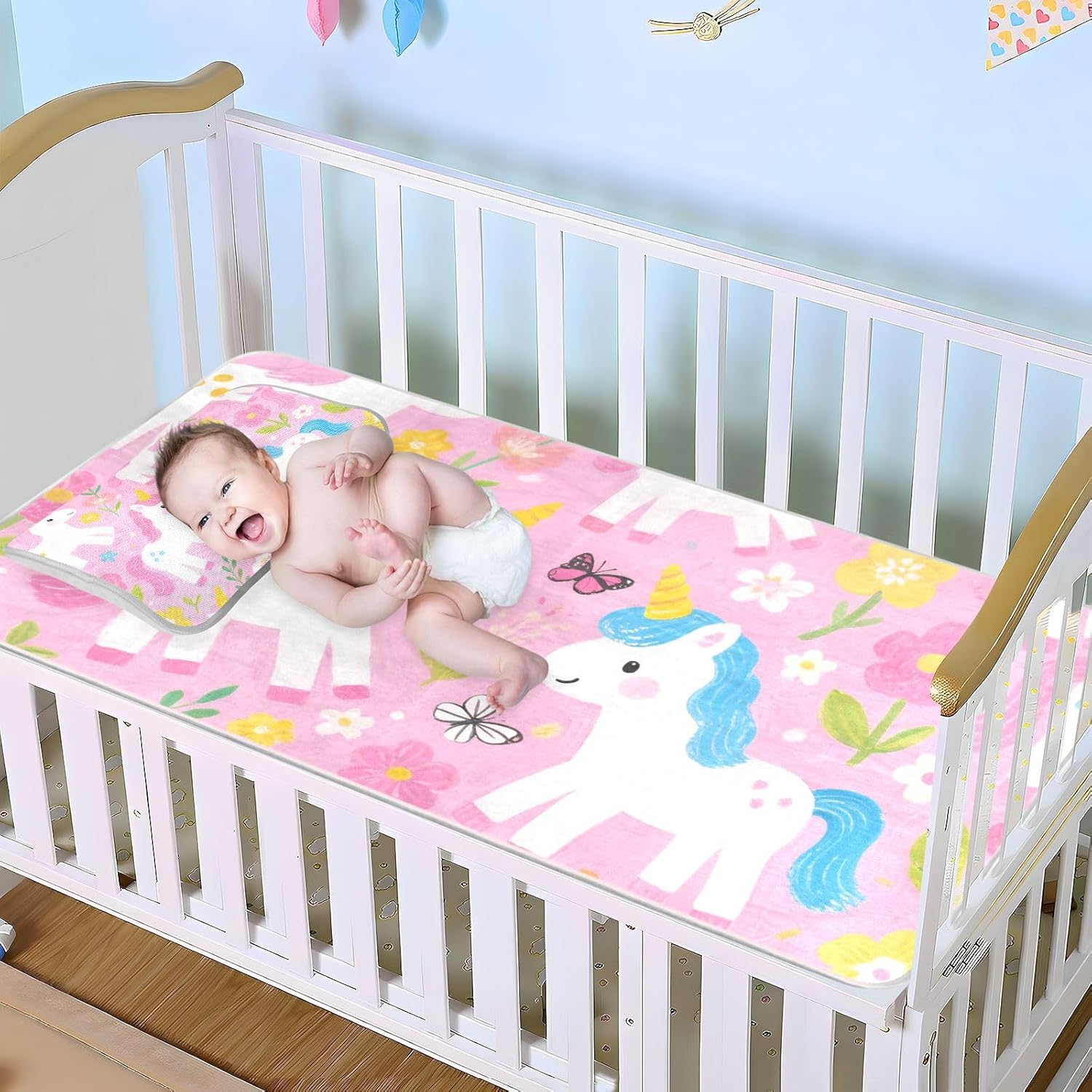 Cute Cartoon White Unicorns Cooling Baby Bed Mattress Cover 28" x 52" Washable Mattress Pads for Baby&Toddler