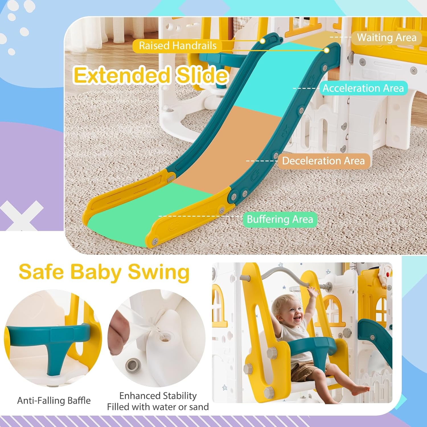 Detailed view of the extended slide with labeled sections (waiting, acceleration, deceleration, buffering) and the safe baby swing with anti-falling baffle and fillable base.