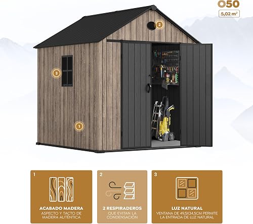 Hoggar - Casetta in resina giardino 5,02 m2 Oak O50 - Pavimento incluso - Finestra laterale - Effetto legno Premium - Doppia porta ampia - Protezione UV e impermeabile - Chiusura con perno - 3