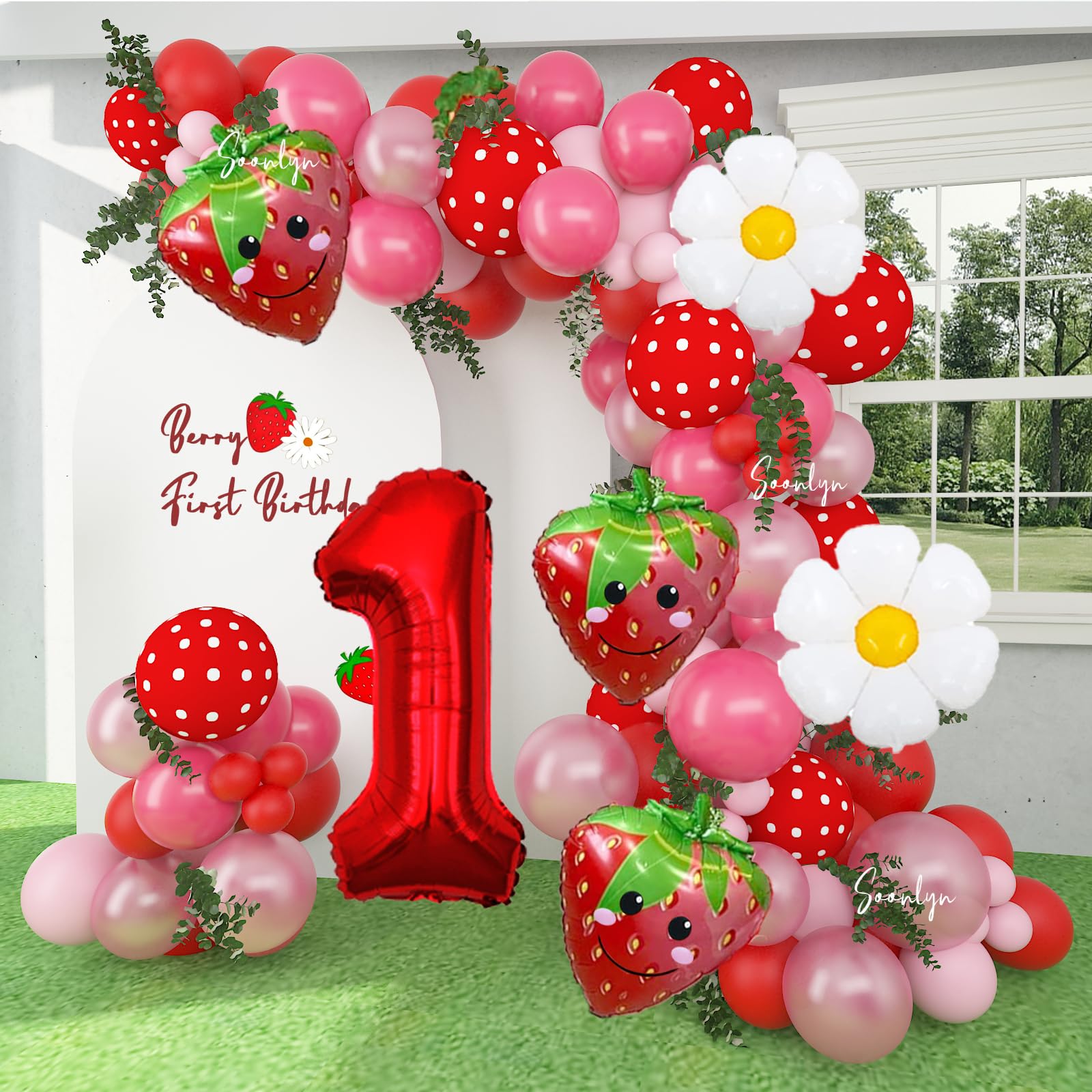 Soonlyn Berry First Birthday Decor 127Pcs Strawberry Balloon Arch Kit with Strawberry Balloons Garland Foil First Daisy Dalloons for First Birthday