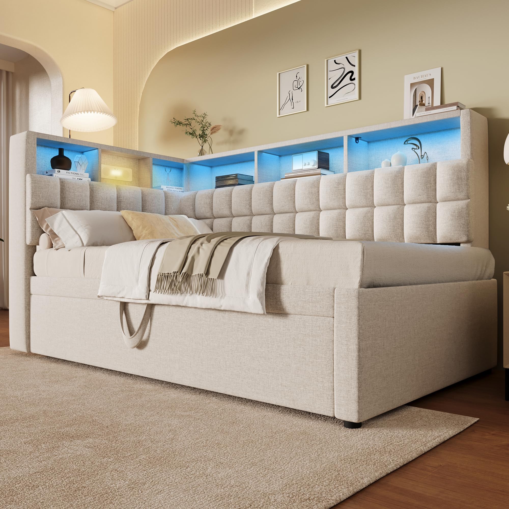 Letto imbottito in lino, 90 x 200 cm, con letto estraibile 90 x 190 cm, LED, altoparlante Bluetooth, porta di ricarica USB e tipo C, testiera a L con scaffalatura, divano letto/letto degli ospiti