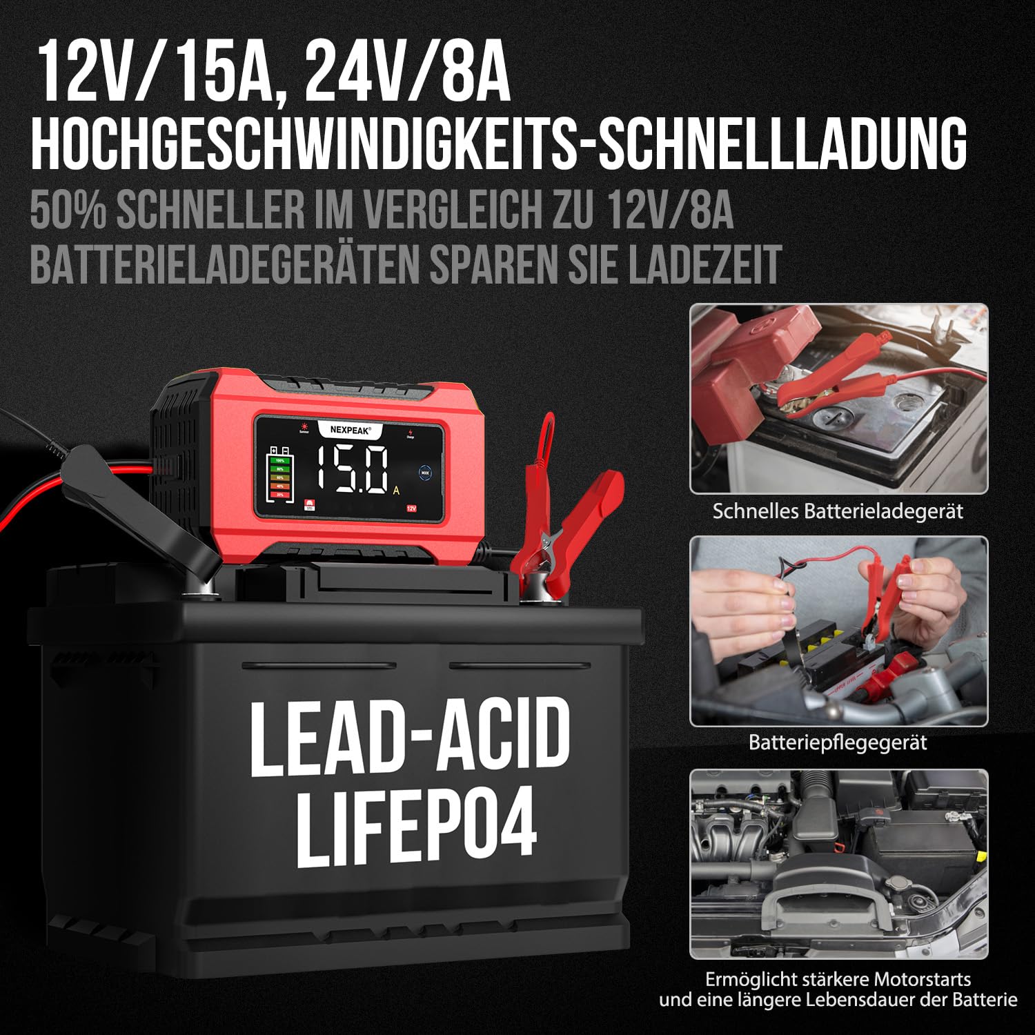 NEXPEAK NC215 15A Autobatterie Ladegerät, 12V 24V LiFePO4 Blei-Säure Tragbares Autobatterieladegerät 9-stufiges Intelligentes Batterieladegerät für Auto, LKW, Motorrad, Rasenmäher, Boot, Marine