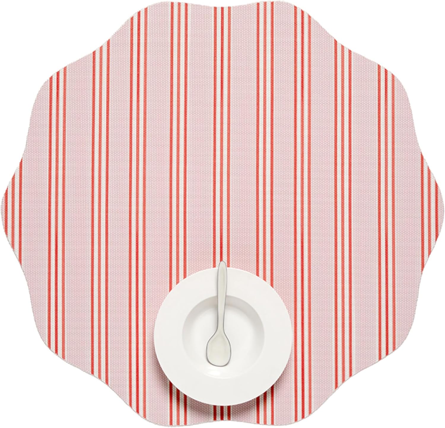 Meri Meri x Chilewich Festive Stripe Round Woven Placemats - 15" Scalloped-Edge Dining Table Mats - Reusable, Stain-Resistant, Indoor/Outdoor Tabletop Protection - Pink