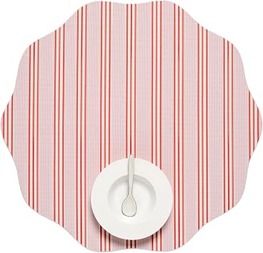 Meri Meri x Chilewich Festive Stripe Round Woven Placemats - 15" Scalloped-Edge Dining Table Mats - Reusable, Stain-Resistant, Indoor/Outdoor Tabletop Protection - Pink