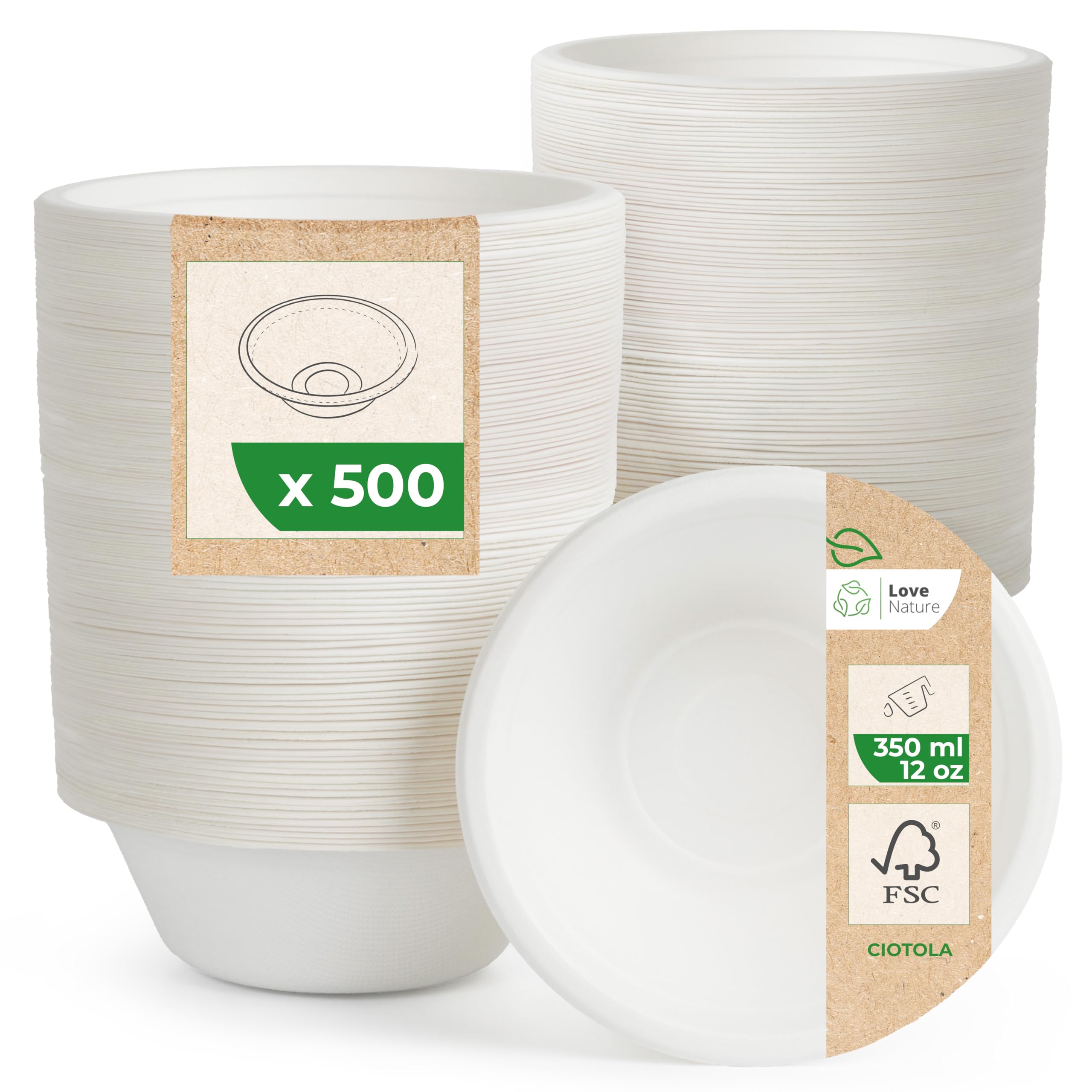 Love Nature Ciotole Usa e Getta di Polpa Canna di Zucchero 350 ml - 500 Pezzi di Ciotole Monouso Ecologico - Stoviglie Usa e Getta