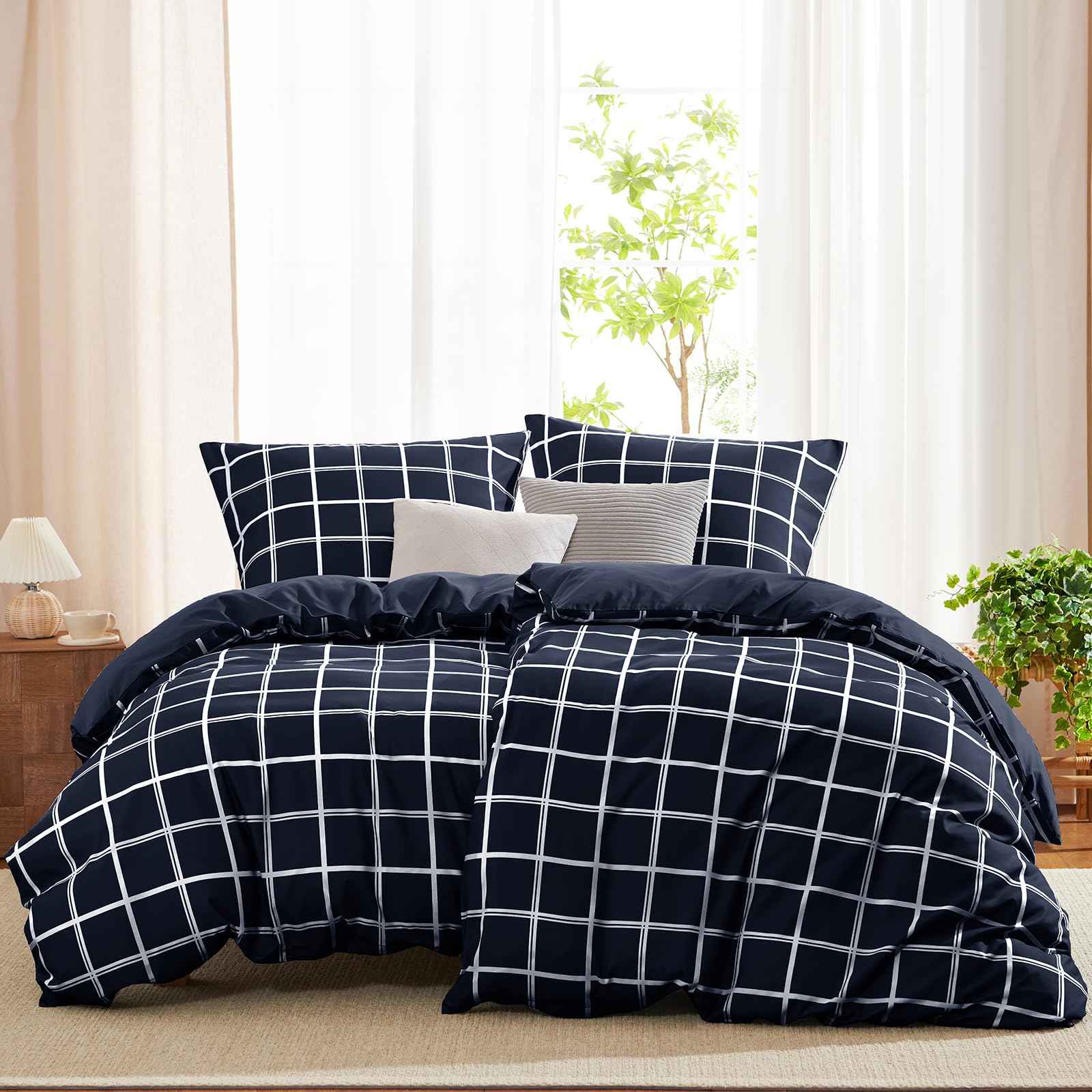 WAVVE Bettwäsche 135x200 4teilig Bettbezug Mikrofaser Bettwäsche-Sets 135 x 200 cm 2er Set mit 2 Kissenbezüge 80x80cm, ÖKO-TEX, Wendebettwäsche Bedding Blau Karomuster Muster mit Reißverschluss