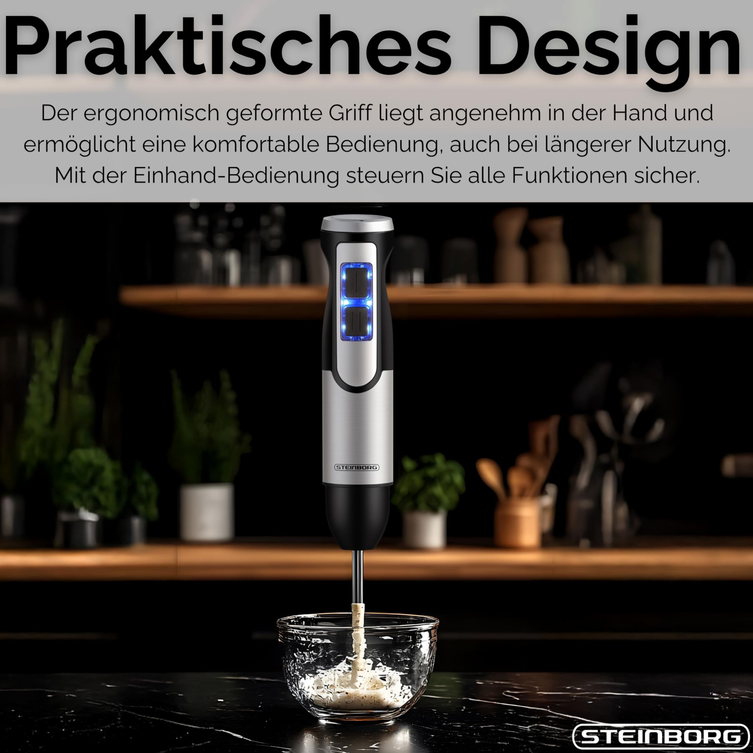 Steinborg - Batidora de acero inoxidable de 1500 W, batidor, picadora de acero inoxidable de 500 ml con función turbo, batidora de mano, picadora multifuncional