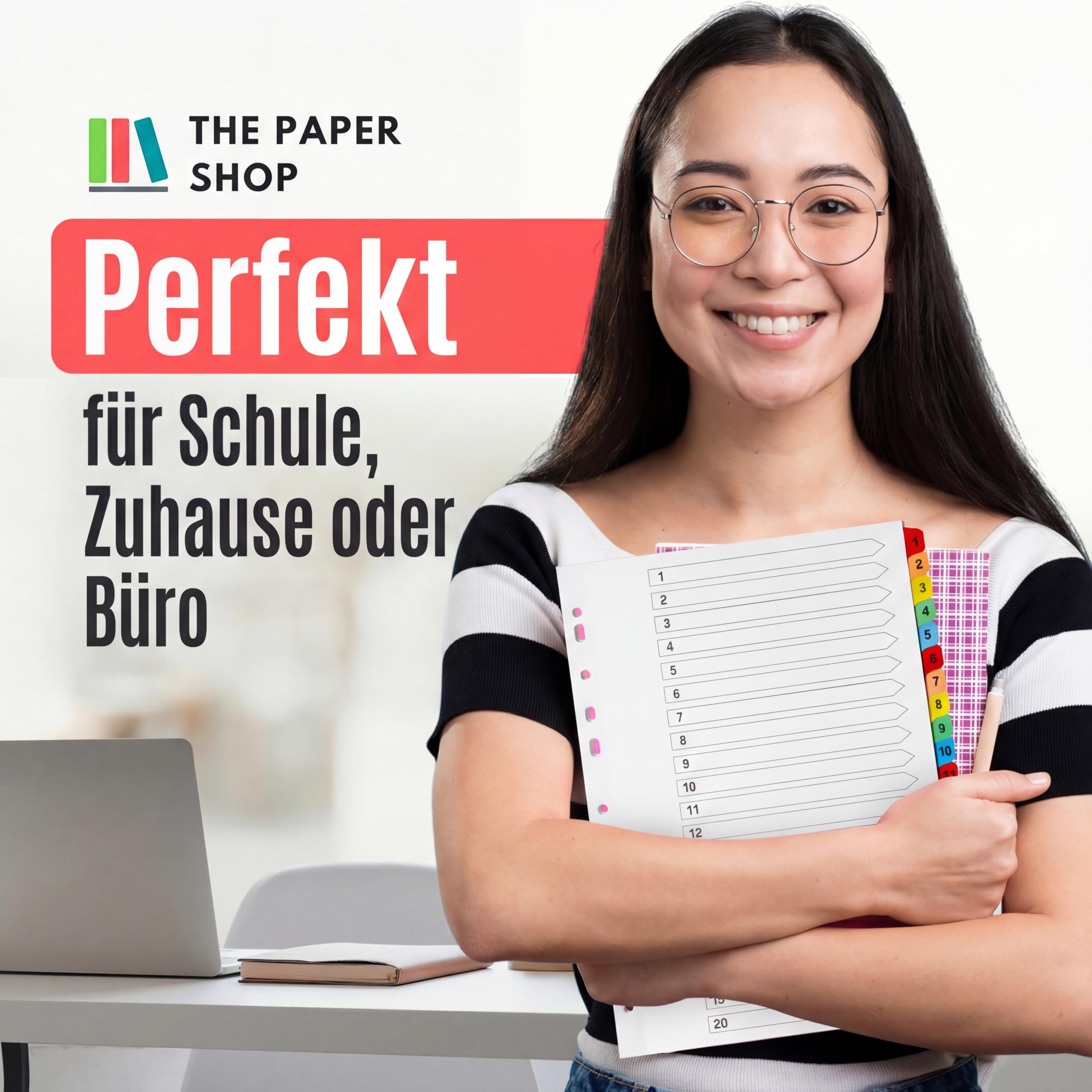 The Paper Shop A4 Ordner Register Unterteiler Hochformat 150 g/m² | 10 Pack | 20-Teilig Nummeriert 1-20 | Mehrfach Gelocht | Verstärkte Farbige Tabs Für Büro Schule Archiv Organisation