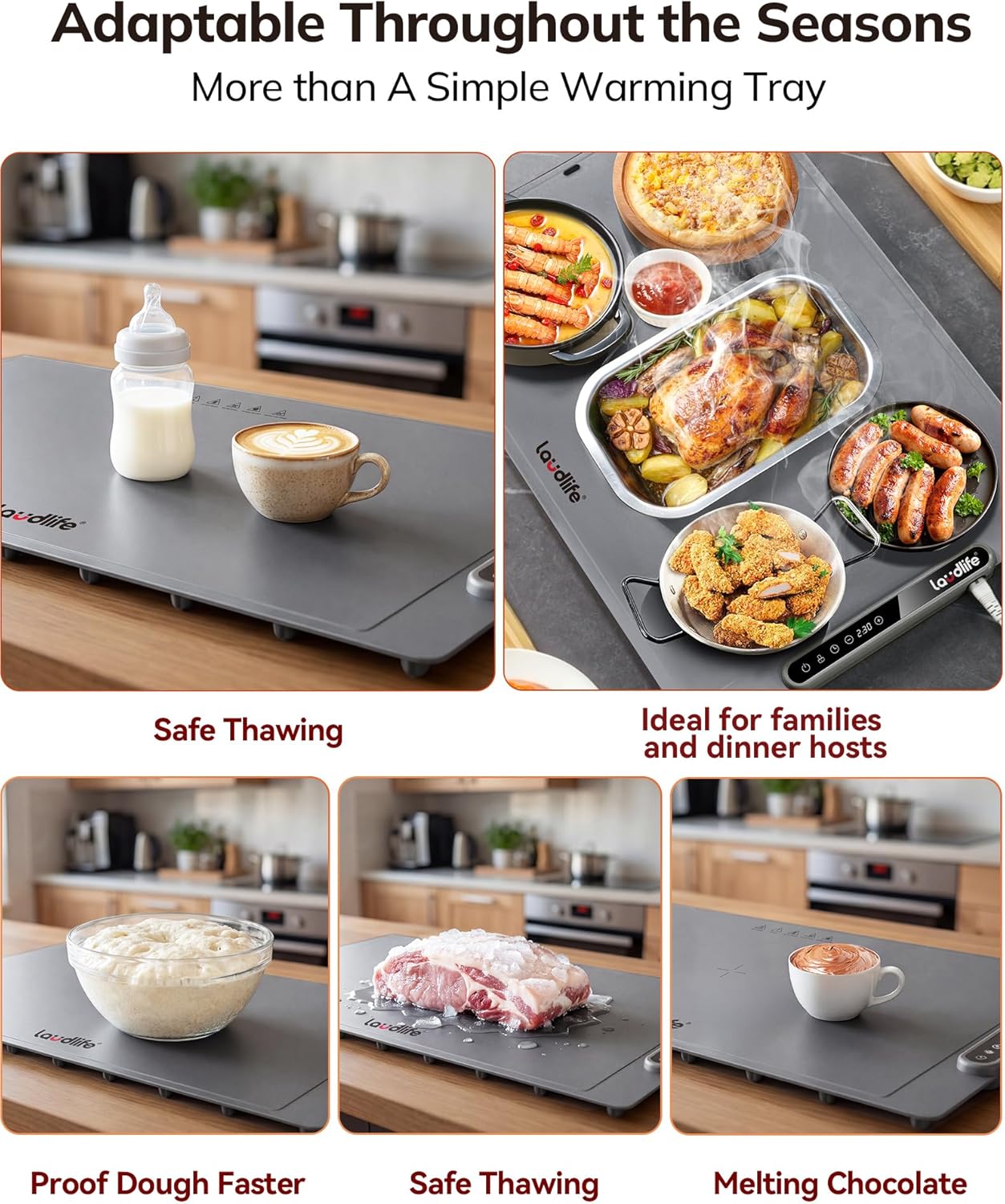 Electric Warming Mat for Food, Roll-Up Silicone Heating Pad with 7 Adjustable Tempmaster Levels, Foldable Warming Tray for Countertop,Buffet Party, Kitchen & Home, Child Lock, Dark Grey