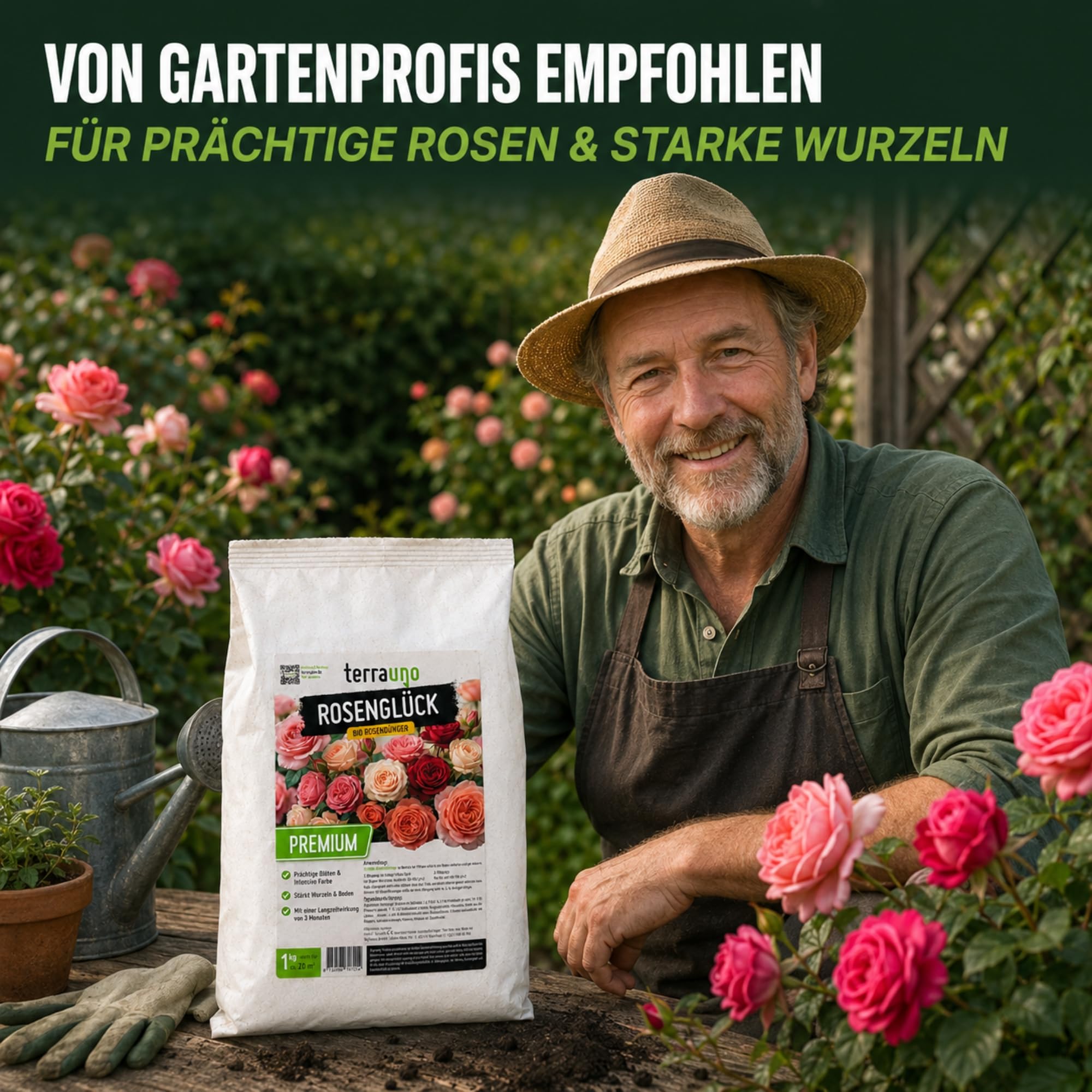 TerraUno Rosenglück Rosendünger Bio 1 kg, Rosen Dünger Langzeit für Beet-, Kletter- & Edelrosen, stärkt Wurzeln, für Prächtige Blüten & Intensive Farben, Organischer Blumendünger