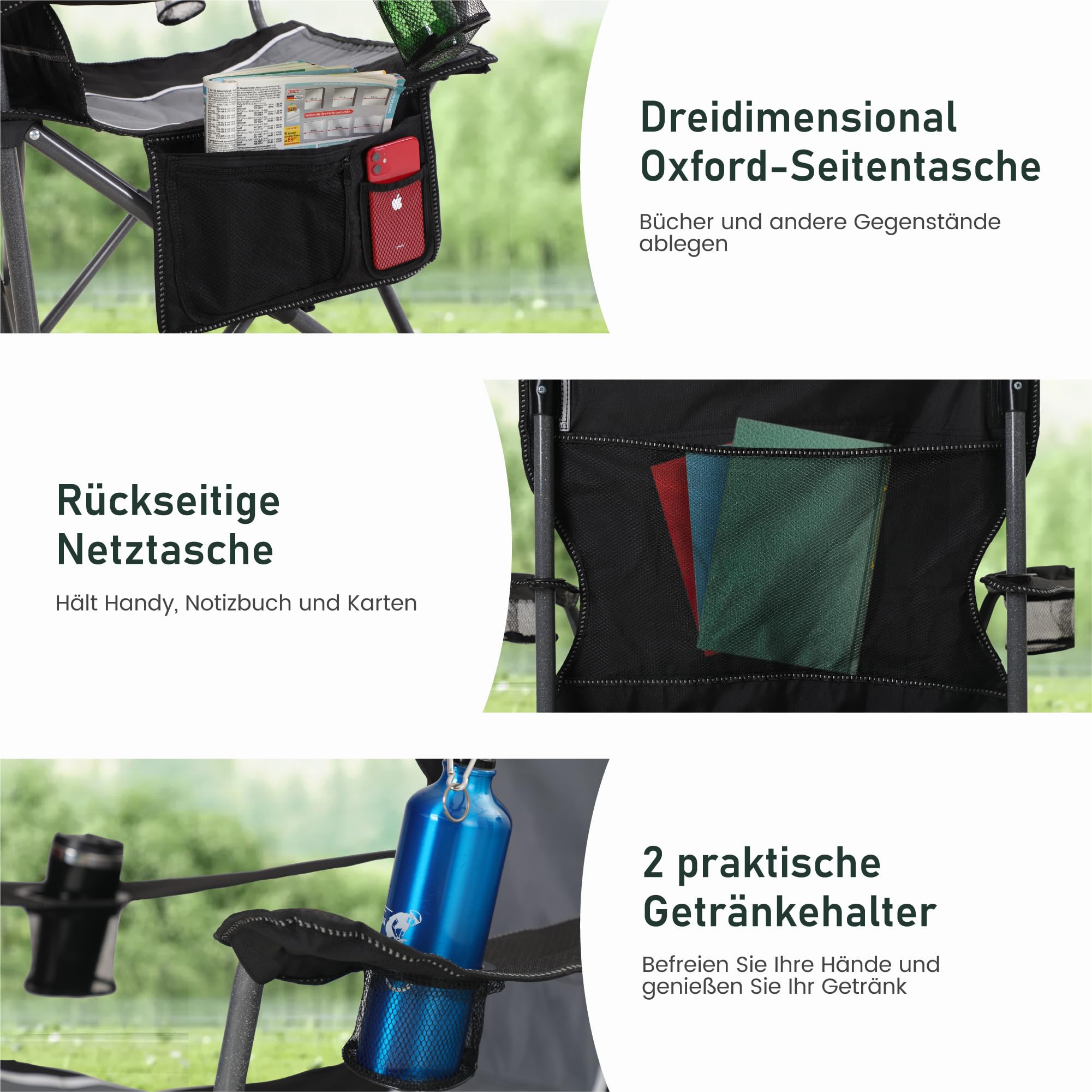 HIGH POINT SPORTS Campingstuhl Faltbar Angelstuhl Klappbar 160 kg Belastbar Klappstuhl mit Armlehne Getränkehalter Stahlrahmen Tragbar Campingsessel
