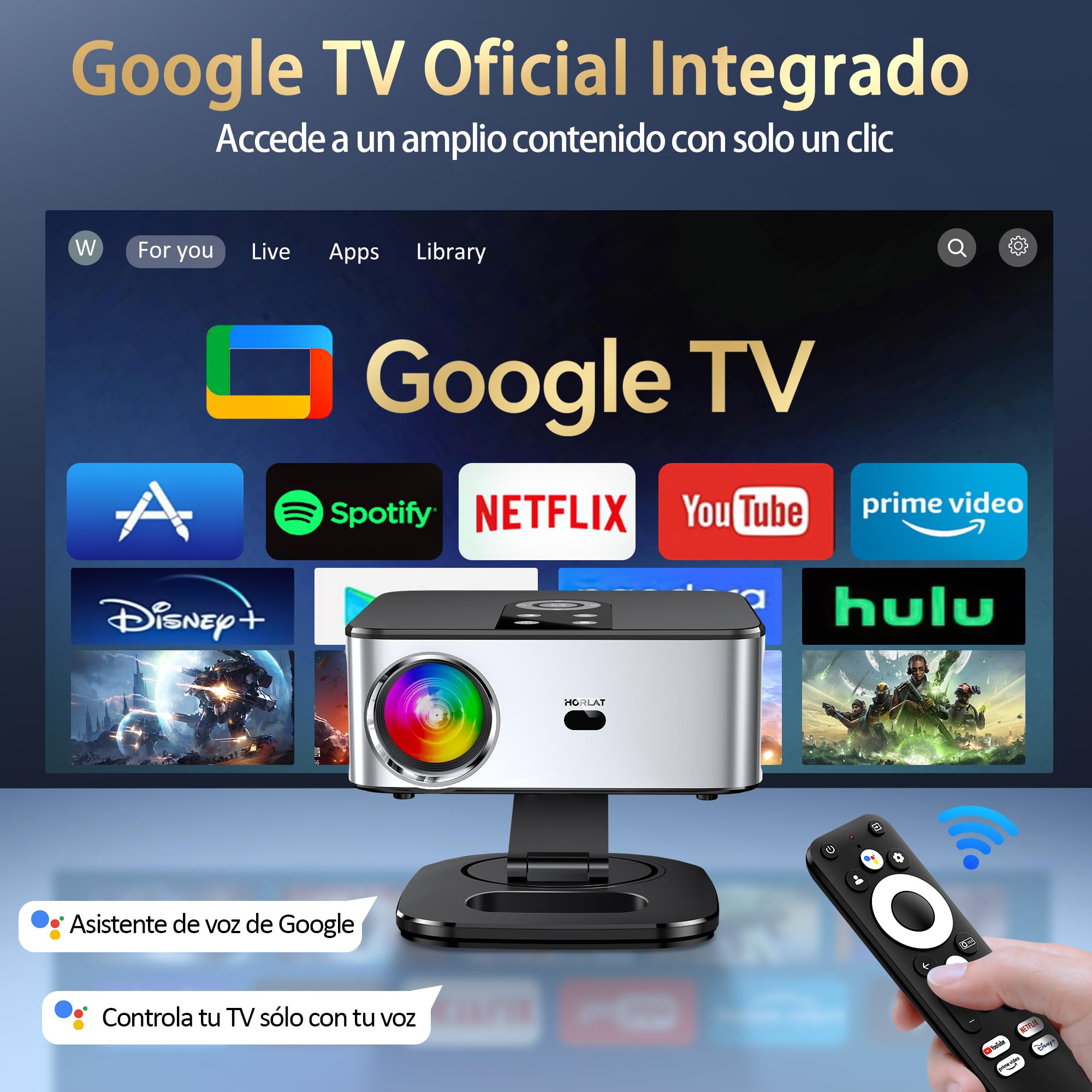 Proyector 4K【1500 ANSI/Google TV/Netflix Oficial】Horlat Proyector 38000Lúmenes Full HD 1080P Nativo,Auto Enfoque,Corrección y Evitación, WiFi6 &Bluetooth 5.2, Control de Voz Projector en Casa/Exterior