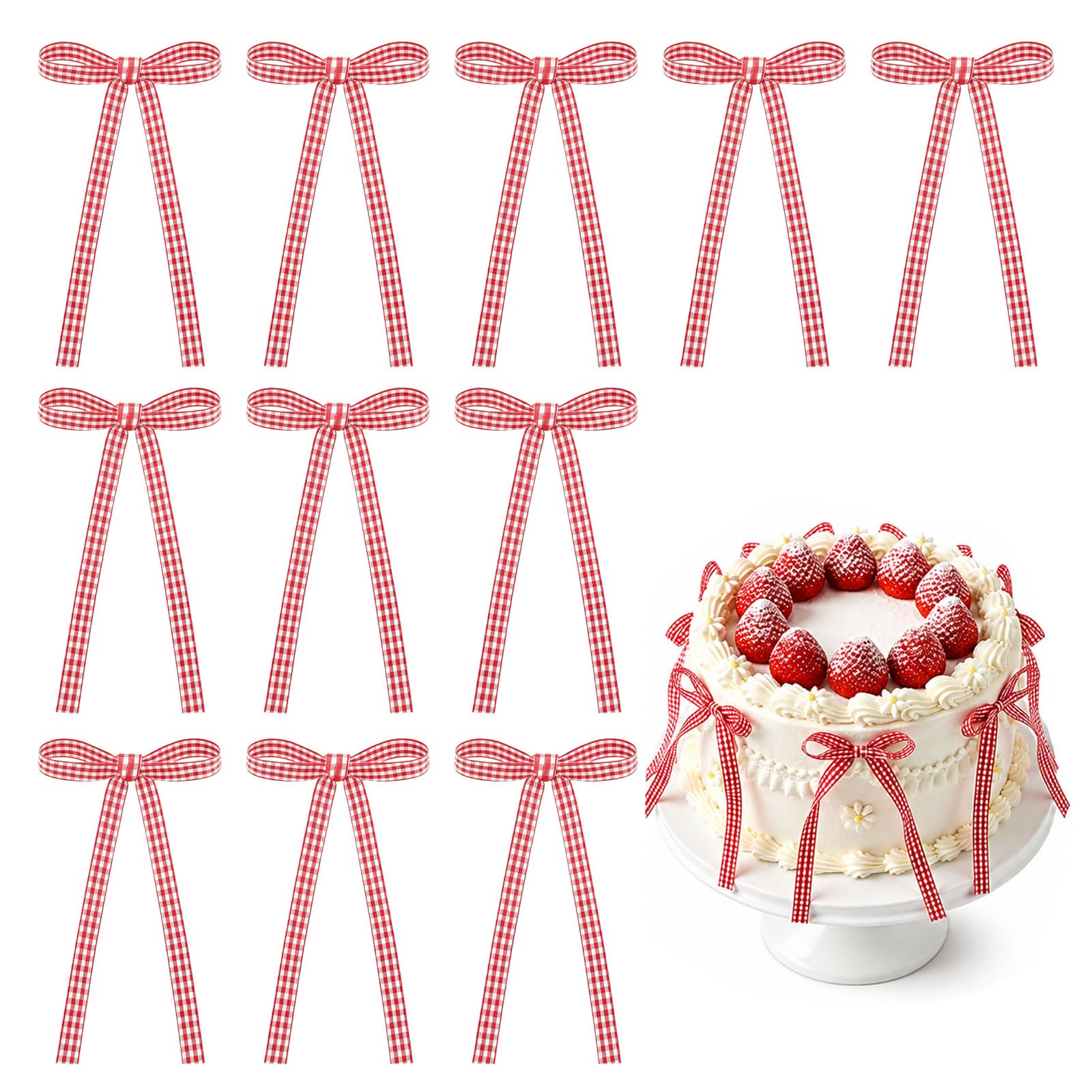 Higijapuf 30PCS Red Gingham Bows Cake Decorations for Birthday & Wedding