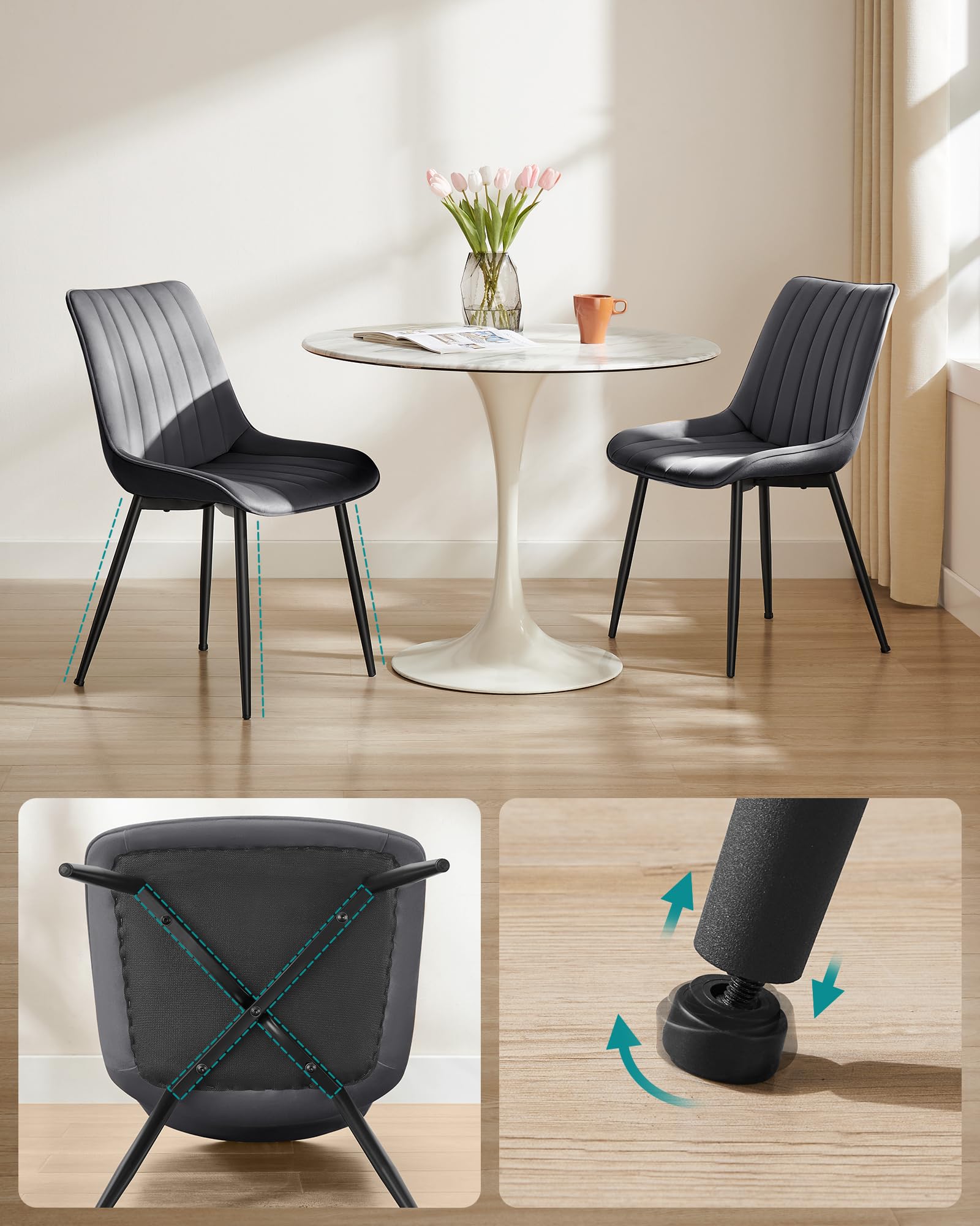 SONGMICS Esszimmerstuhl 2er Set, Küchenstuhl, Samt,Polsterstuhl, bis 120 kg belastbar, Stahlbeine, Gebogene Rückenlehne, für Esszimmer, Küche, grau-tintenschwarz LDC090G05
