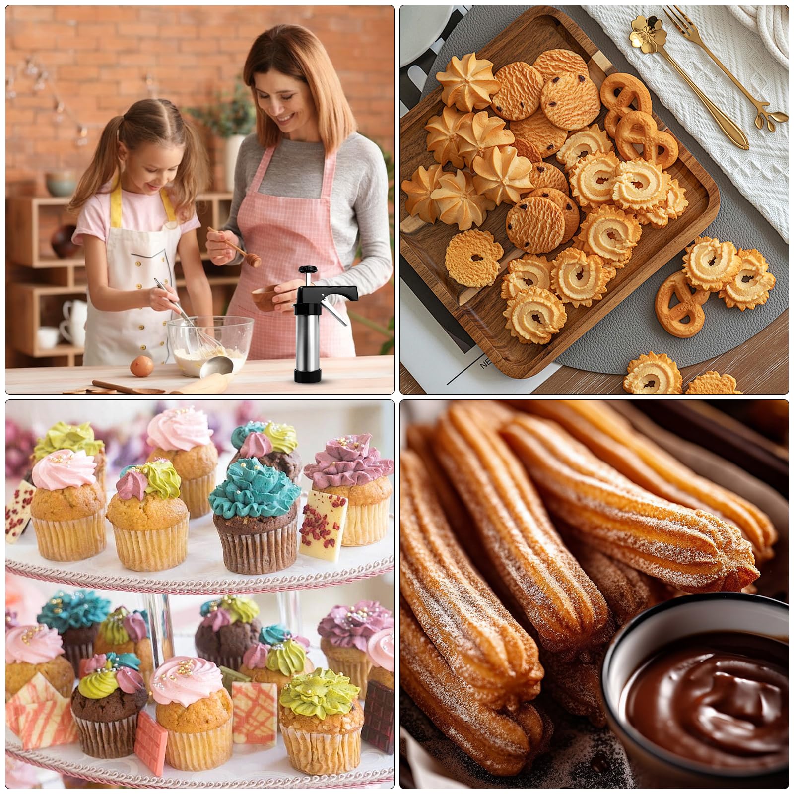 Siringa per Dolci in Acciaio Inox, Pistola per Biscotti con 13 Forme & 8 Beccucci, Macchina per Churros e Decorazioni, Set Pasticceria con Sac à Poche Riutilizzabile per Dolci e Biscotti Fatti in Casa