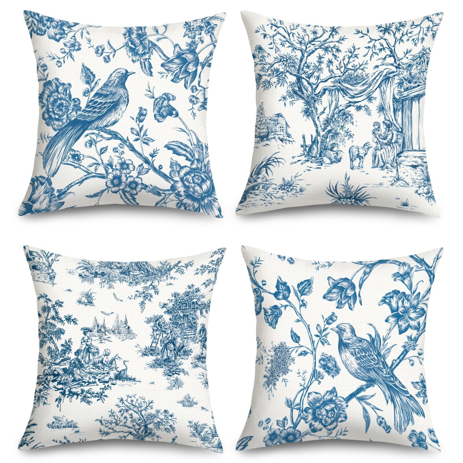 Joymaison 40x40 Pack of 4 Rustic Floral Bird Throw Pillow Cushion Covers