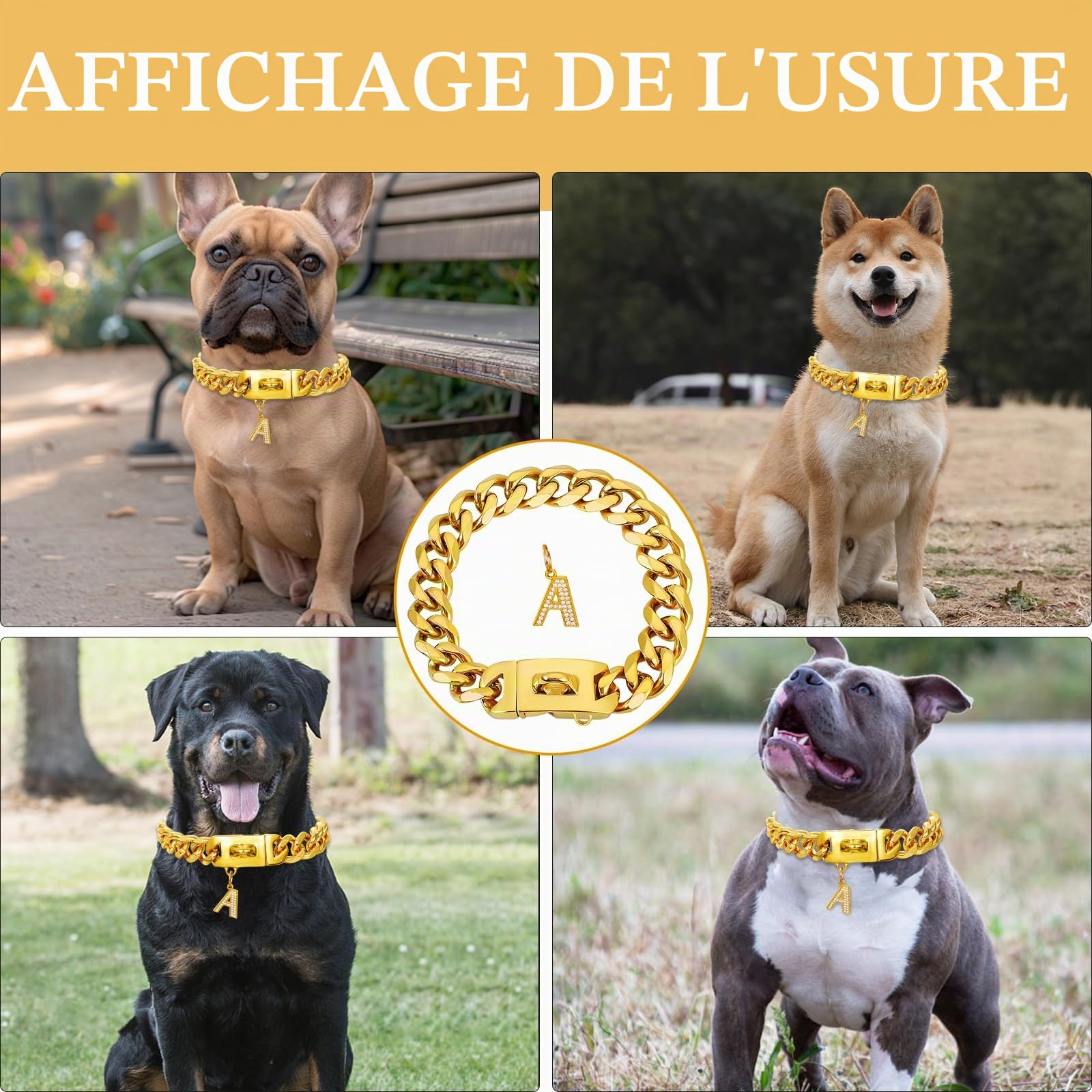 Collier doré pour chien avec pendentif, collier en métal et acier inoxydable de 19 mm de large, maille lourde cubaine, colliers robustes et résistants à la mastication pour chiens de taille moyenne et