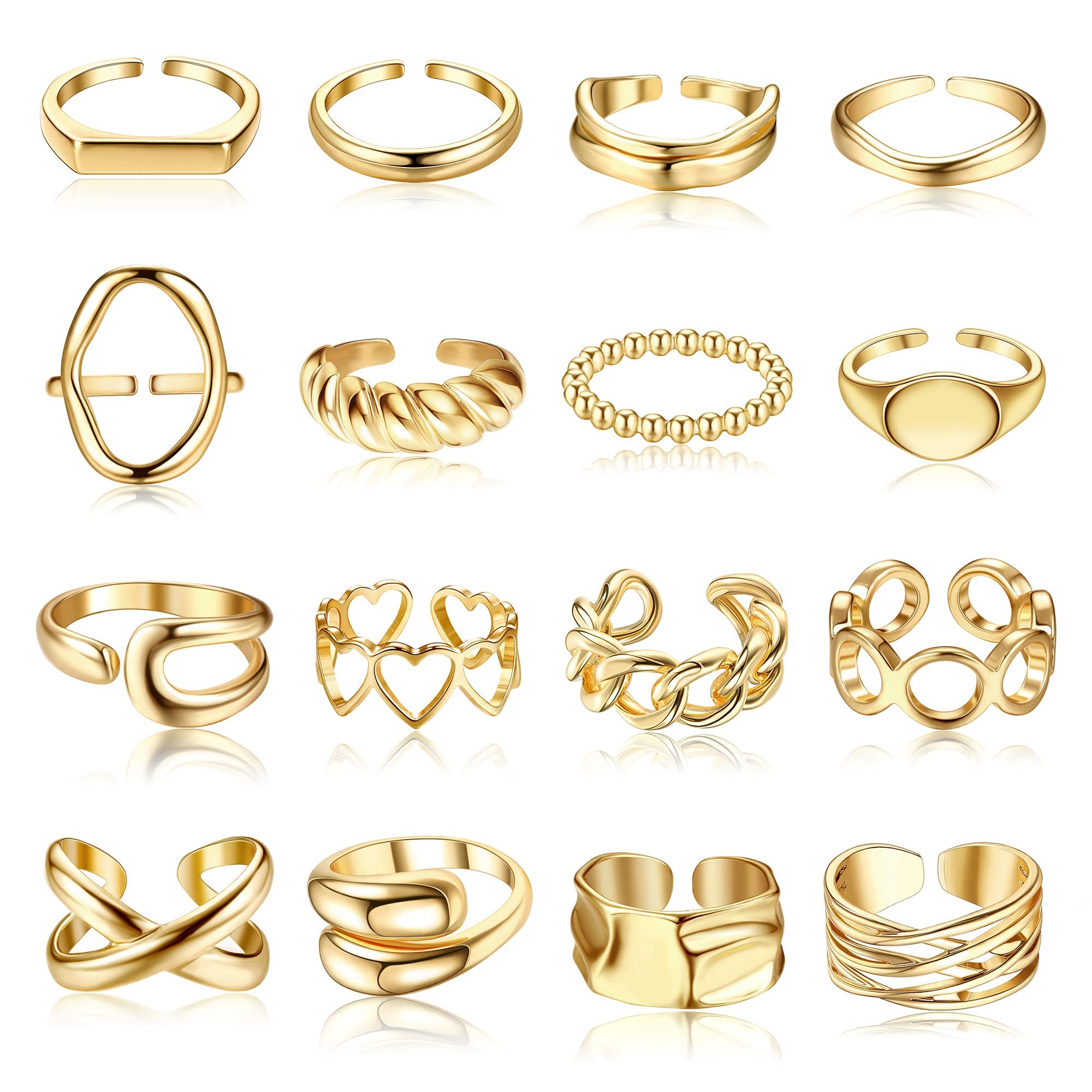 JeryWe 16PCS Anillos de Plata cúpula Gruesos Anillos para Las Mujeres 18K Chapado en Oro Media Luna Trenzada retorcida apilando Marcador Redondo Ajustable Abierto Anillos Conjunto Oro