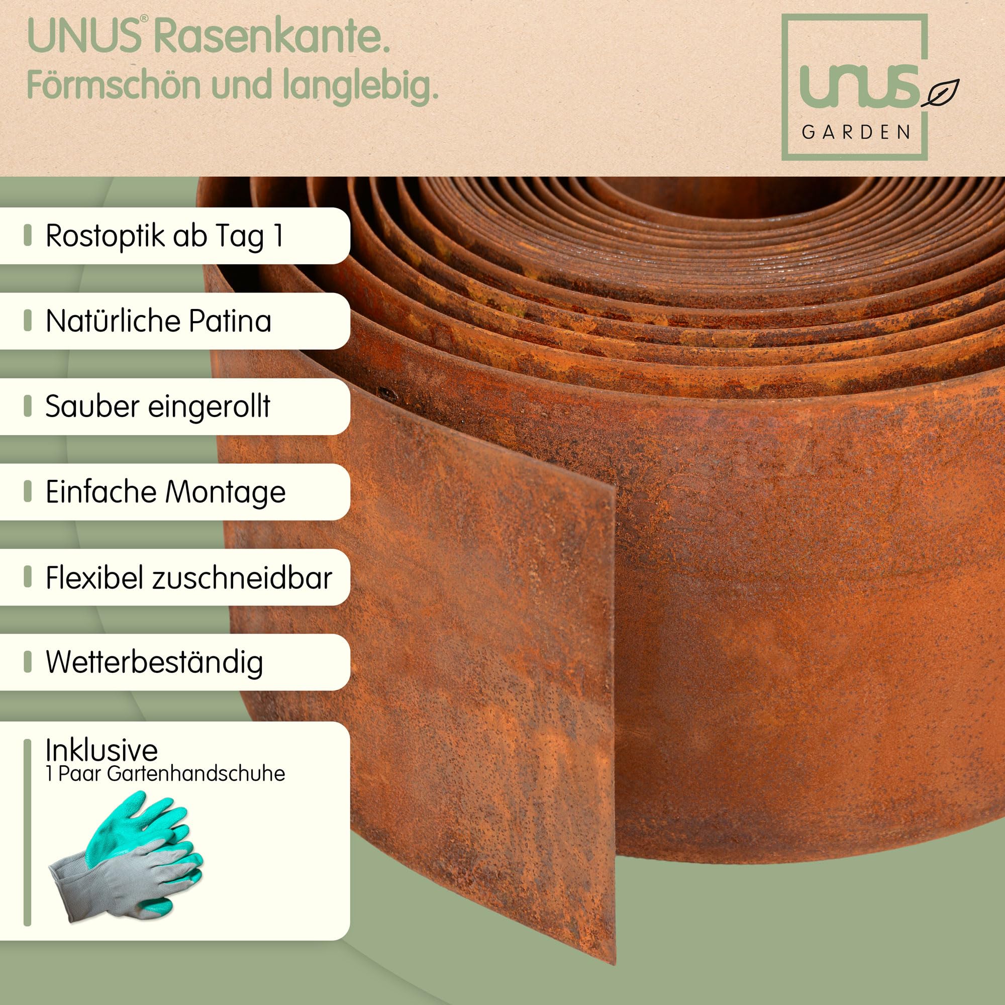 UNUS Rasenkante aus Cortenstahl 10 m x 14 cm Flexible Beetumrandung wetterfestes Metall Beeteinfassung für Garten, Beet, Rasen und Wege inkl. Handschuhe