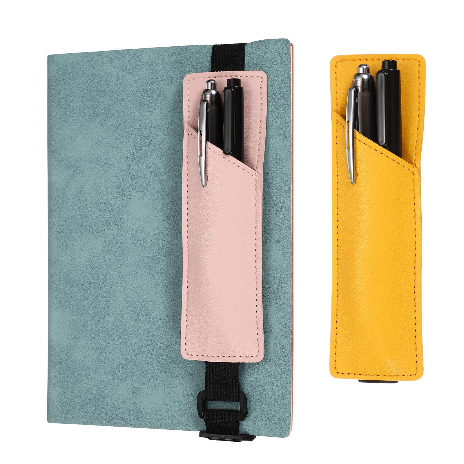 PATIKIL Elastic Band Pen Holder, 2 Pcs PU Leather Pen Sleeve with Adjustable Elastic Band for Office Supplies Notebook Planner Journal Ballpoint Pencils Touch, Yellow/Pink — image 1