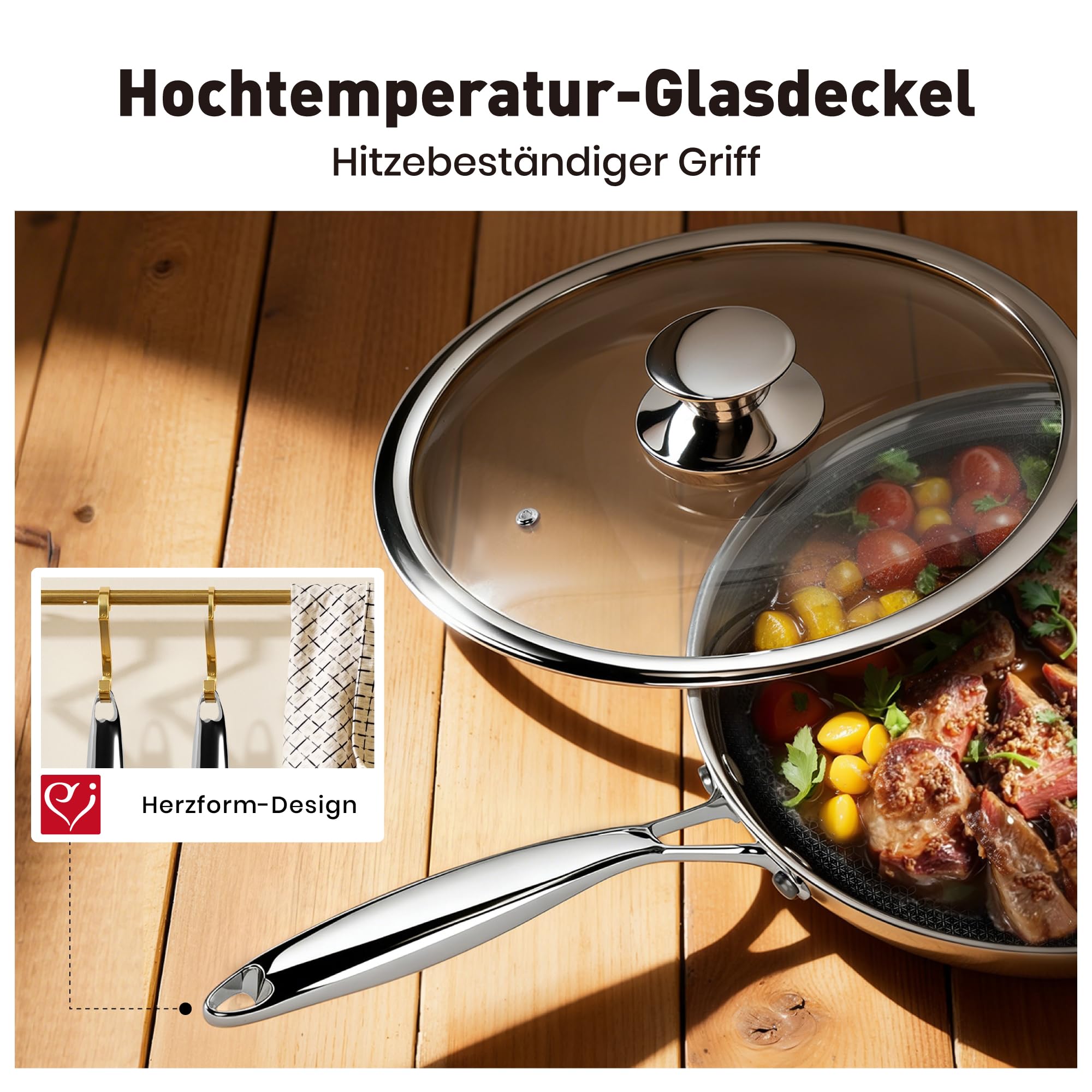 Kitchen Academy - Set di pentole antiaderenti con coperchio in vetro, a induzione, in acciaio inox, 6 pezzi, pentole e padelle da 20,26 e 30 cm, con rivestimento antiaderente con coperchio per tutti i - 4