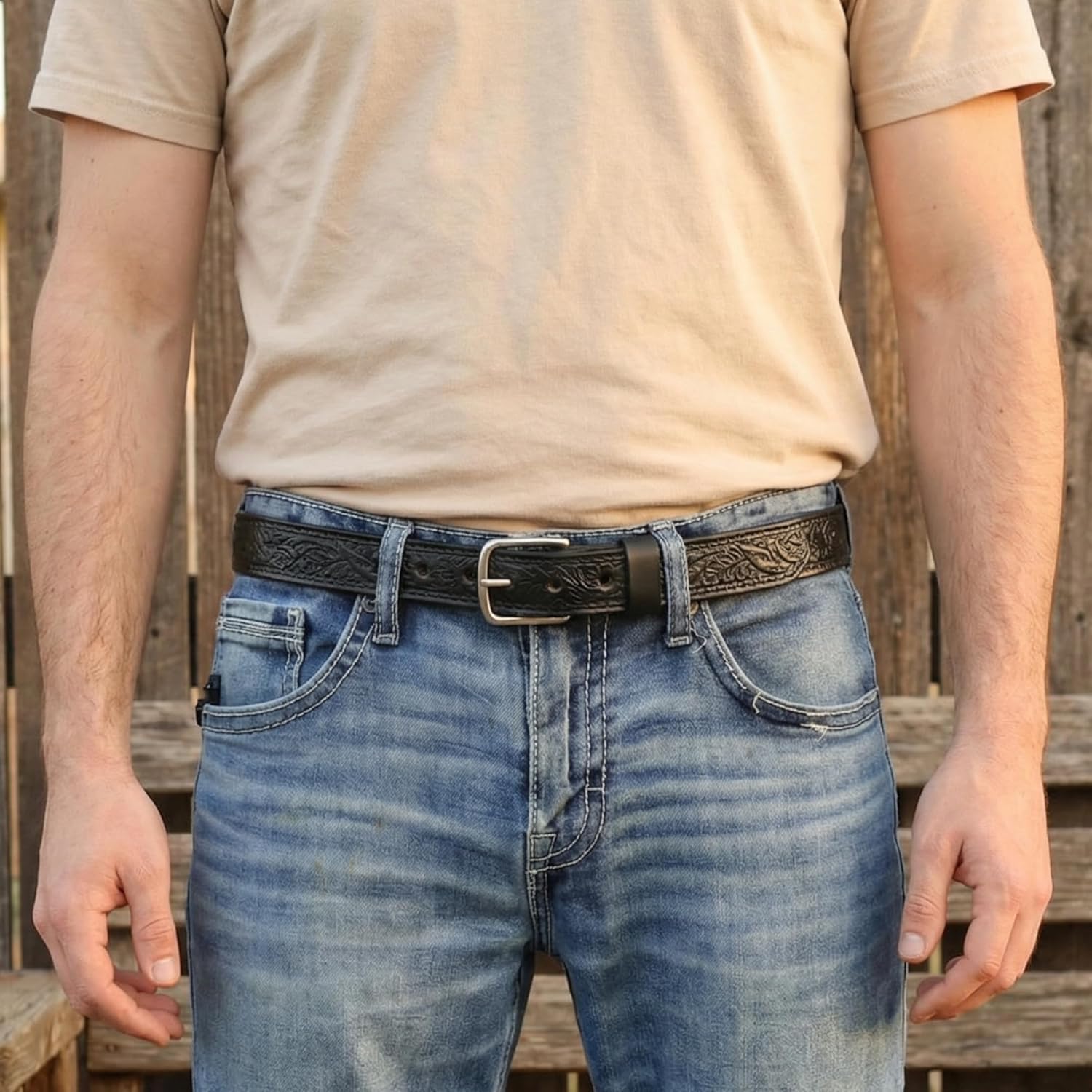 Oak Leaf Embossed Bridle Leather Belt Handmade Extra Thick - Image 4