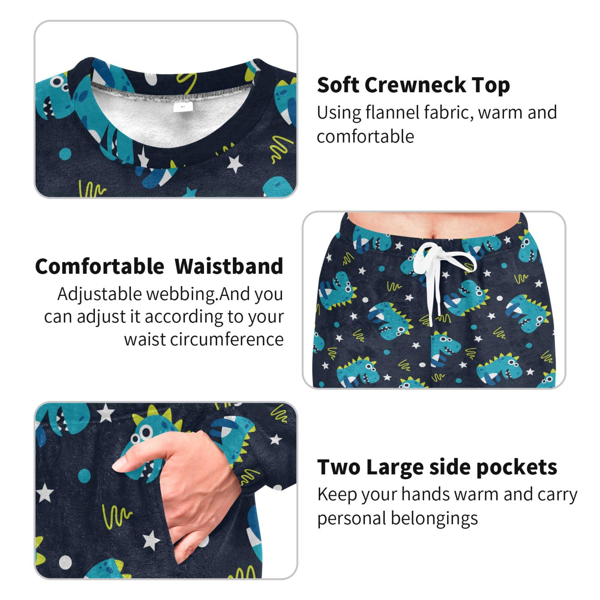 ALAZA Conjunto de pijama de forro polar para mujer, diseño de dinosaurio, manga larga, ropa de dormir de dos piezas, ropa de dormir térmica, pijama súper suave, talla S