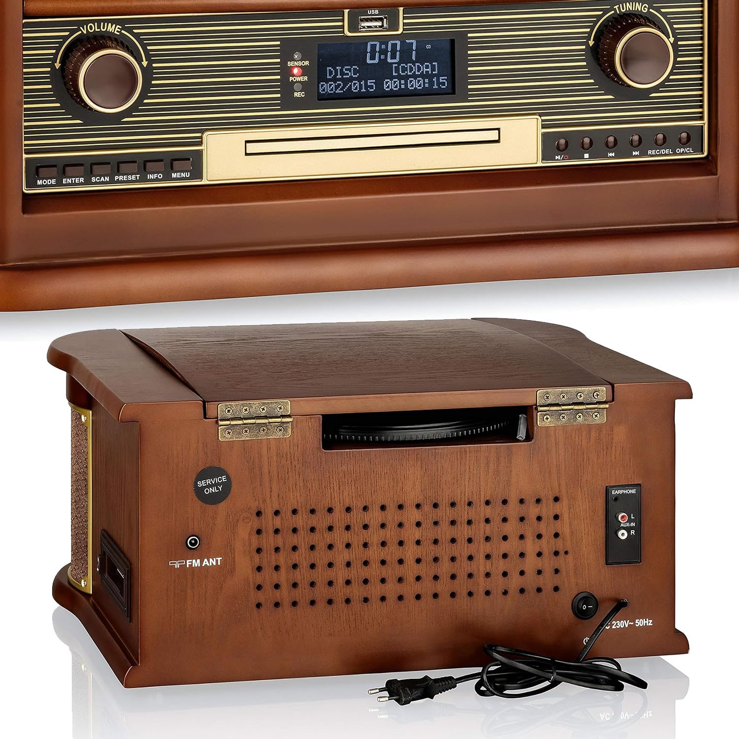 Platine vinyles Tourne-disques Roadstar Vintage HiFi rétro Bois 33/45/78 TR, Radio Dab+/FM, CD-MP3 Cassette, Bluetooth, USB, LED