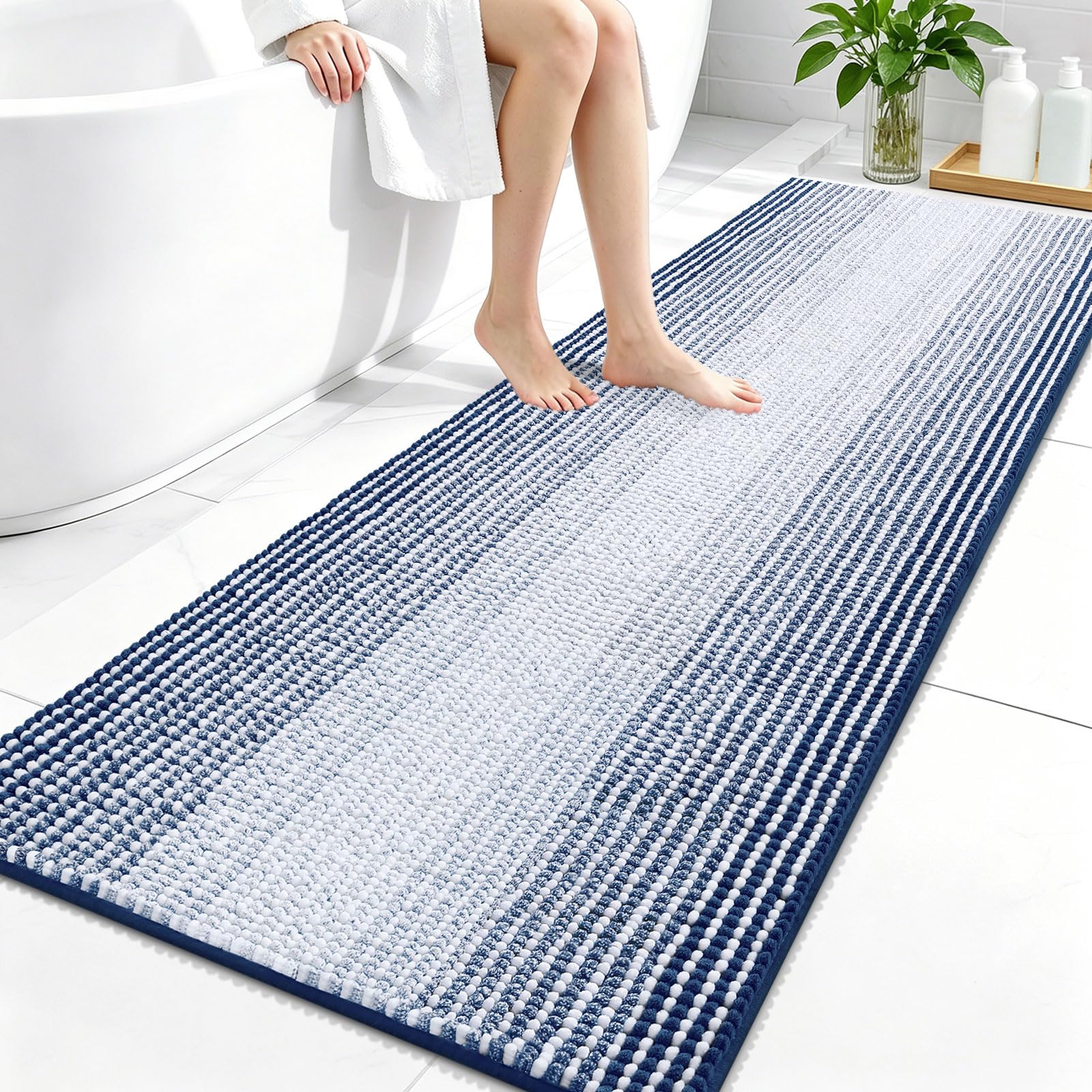 OLANLY Bathroom Runner Rugs 59x24, Soft Chenille Striped Bath Rugs, Navy