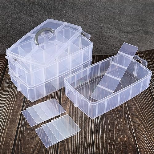 Miniatura 8 de Caja de almacenamiento apilable de plástico con 30 compartimentos ajustables, 3 niveles, organizadores de manualidades apilables transparentes con