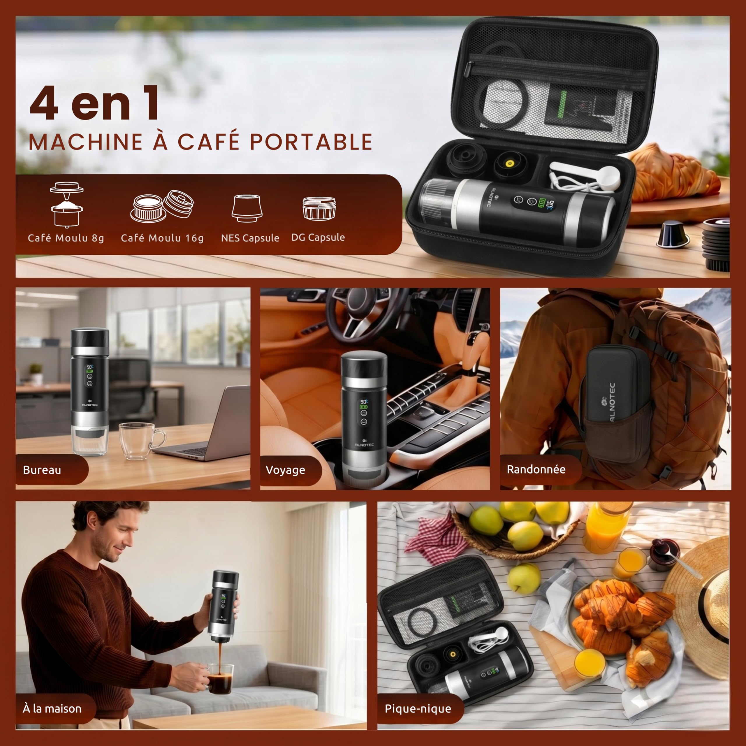 Cafetera portátil (20 barras, recargable), 2 baterías extraíbles incluidas, cafetera portátil, autoclave, compatible con cápsulas NES, DG y café molido, incluye funda de transporte.