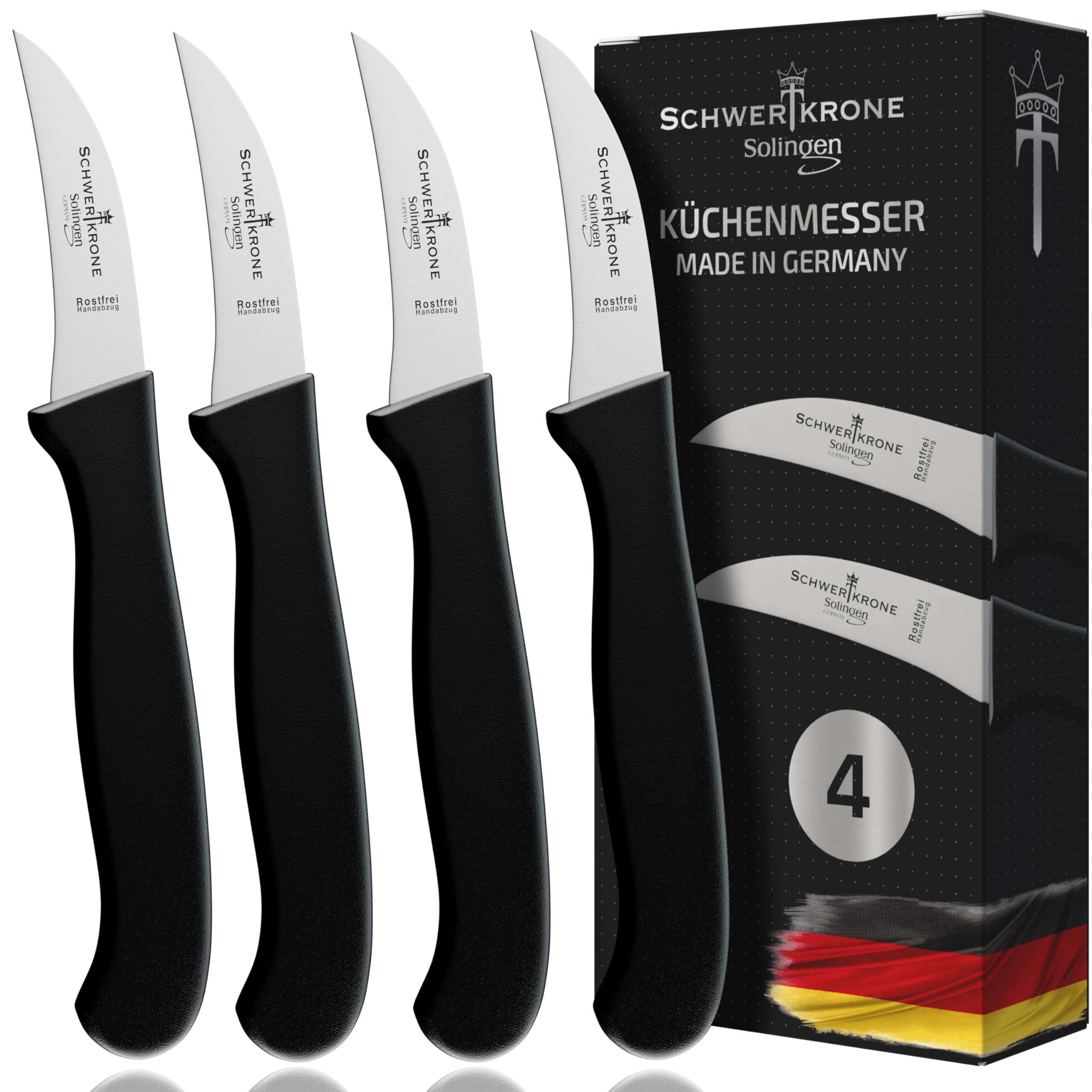 Schwertkrone Solingen 4er Messerset - Couteau de cuisine courbé, Bec d'oiseau, Couteau à légumes, Couteau à éplucher, Inoxydable