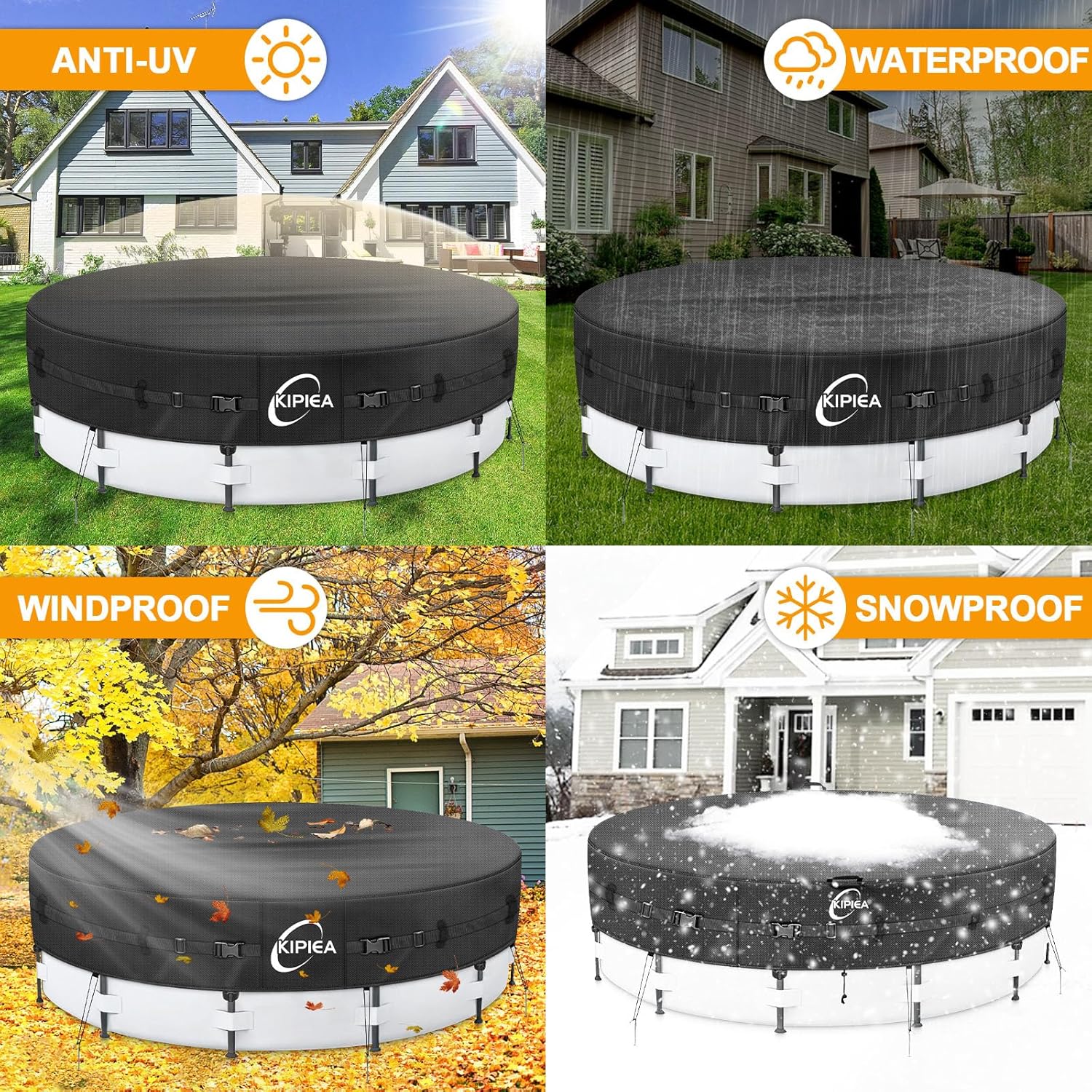 Kipiea Heavy Duty 500D 18ft Round Pool Cover for Above Ground Pools, Swimming Pool Cover with Full Circle Straps, Anti-Slip Straps and Tent Stakes, Featuring Windproof, Waterproof and Dustproof Design